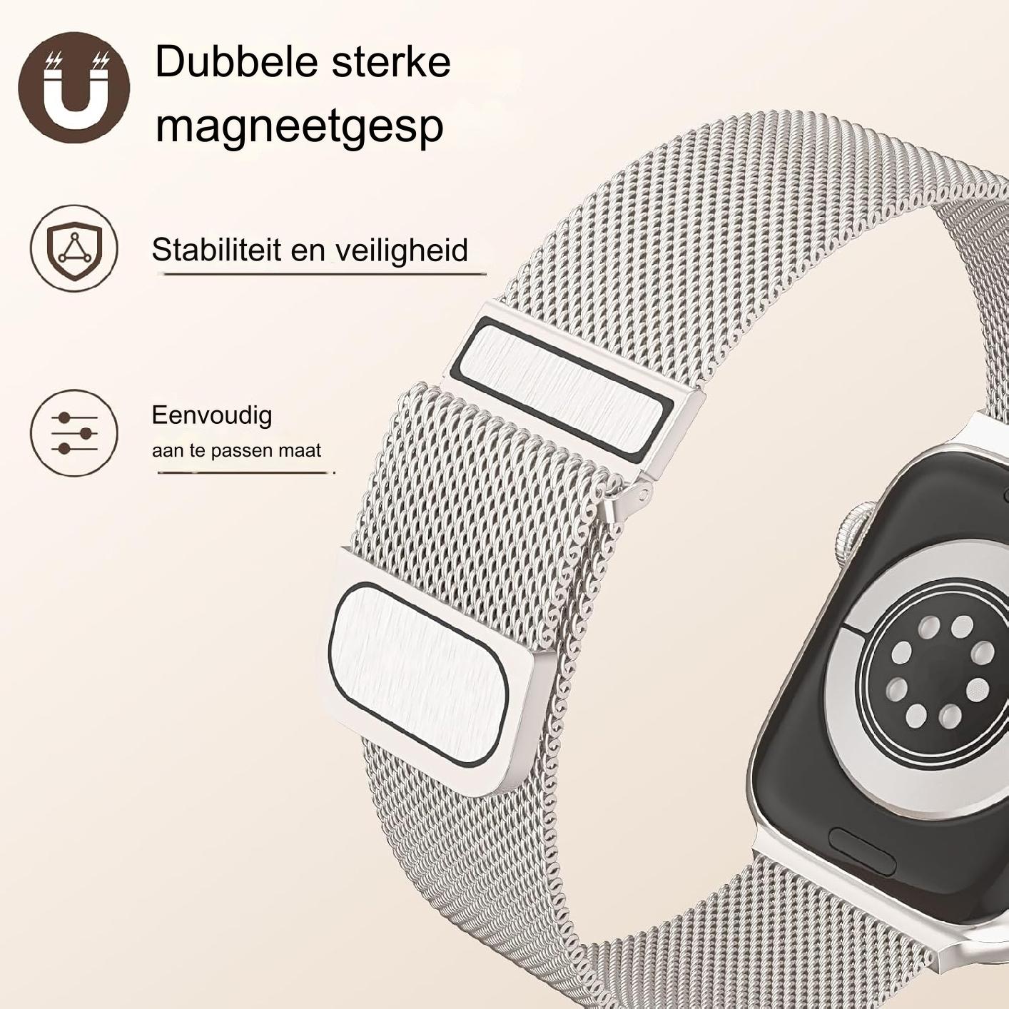 Verstelbare Roestvrijstalen Milanese Band voor Apple Watch - Dubbele Magnetische Sluiting - Universeel Compatibel met Apple Watch - 38mm, 40mm, 41mm - Starlight - Comfortabel, Zweetbestendig en Hoogwaardig Ontwerp