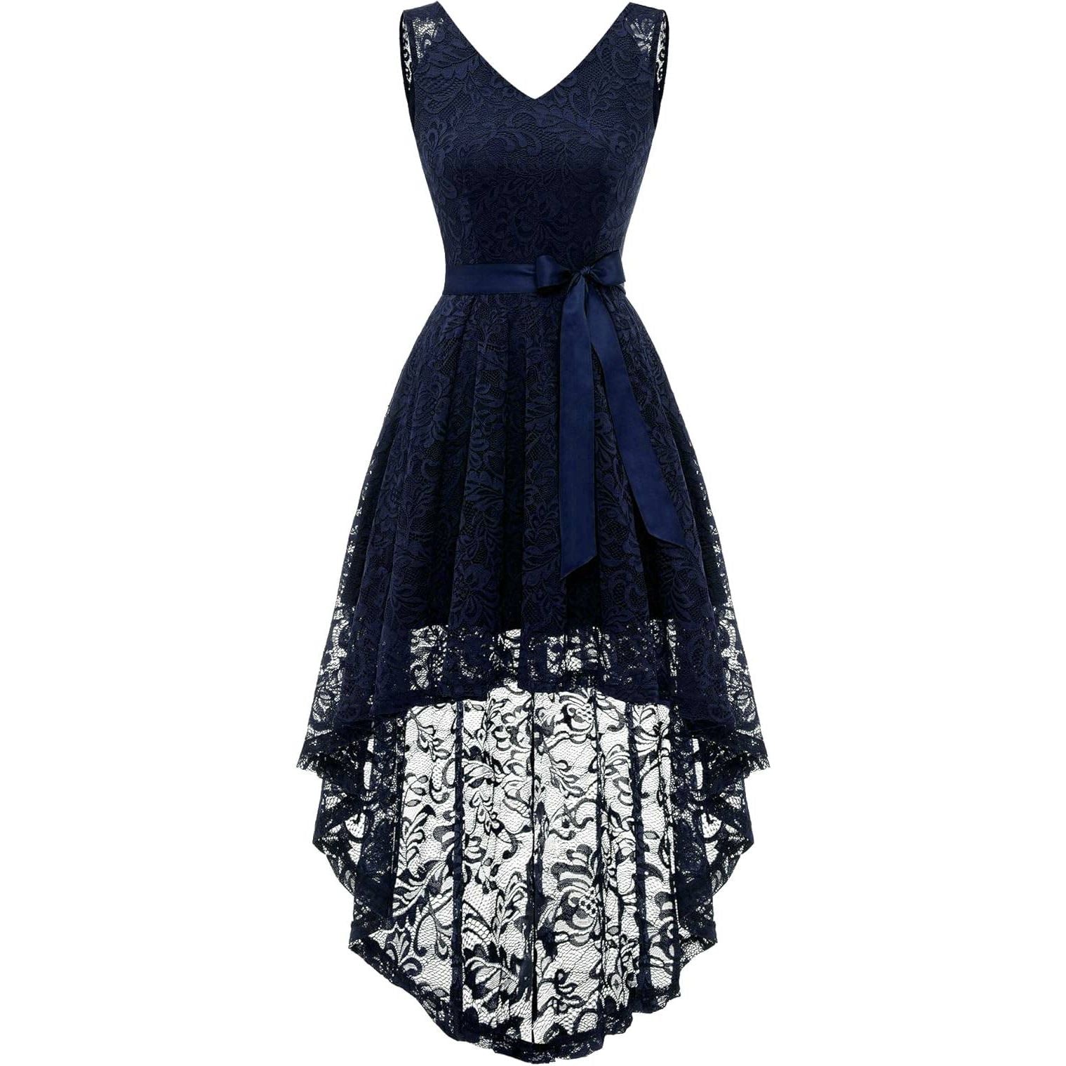 Elegante BeryLove Hoog-Laag Cocktailjurk Voor Dames – V-Hals Mouwloze Bruidsmeisjesjurk Met Kant En Afneembare Ceintuur – A-Lijn Jurk Tot Knie/Enkel – Voor Bruiloft, Feest, Prom, Gala Of Speciale Gelegenheden – Lichtgewicht En Comfortabel