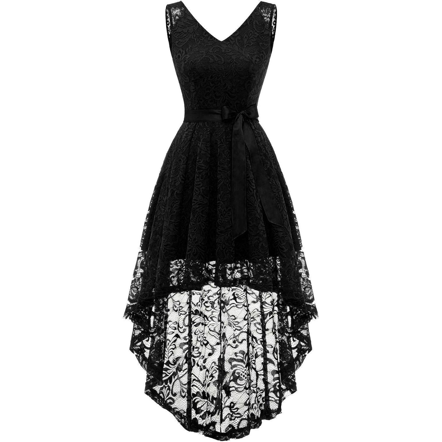 Cocktailjurk Voor Dames – Maat S – V-Hals Hoog-Laag Jurk Met Kant En A-Lijn Snit – Elegante Mouwloze Jurk Met Verwijderbare Ceintuur – Knielengte Vooraan En Enkellengte Achteraan – Perfect Voor Feest, Bruiloft, Prom, Avond Of Galagelegenheden
