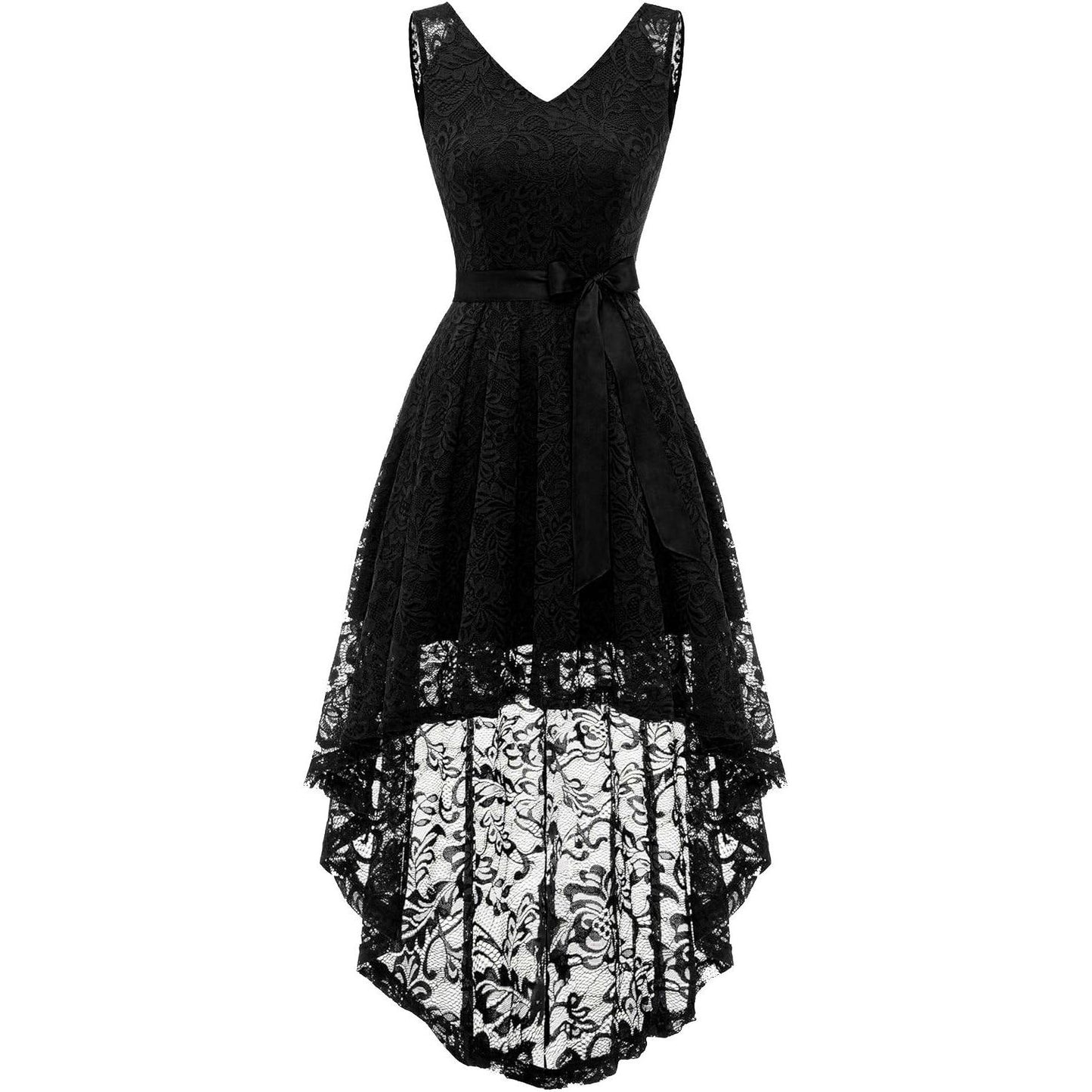 Cocktailjurk Voor Dames – Maat S – V-Hals Hoog-Laag Jurk Met Kant En A-Lijn Snit – Elegante Mouwloze Jurk Met Verwijderbare Ceintuur – Knielengte Vooraan En Enkellengte Achteraan – Perfect Voor Feest, Bruiloft, Prom, Avond Of Galagelegenheden