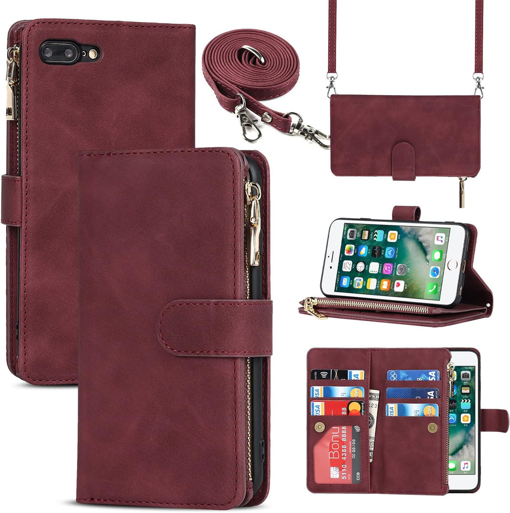 Mobiele Telefoon Ketting iPhone 7 Plus/8 Plus Hoesje met Strap - Flip Leren Portemonnee Mobiele Telefoon Hoes - 9 Kaartsleuven - Magnetische Flip Hoes - Luxe Beschermhoes - Telefoonketting met Band - Wallet Case - Beschermhoesje - Handige Flipcase