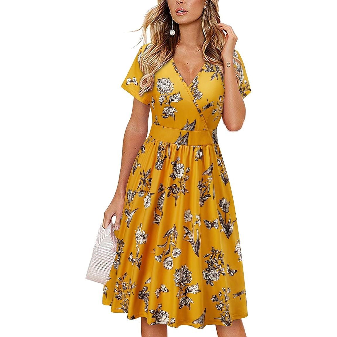 Vrouwen Zomerjurk - Zomerse Jurk met Korte Mouwen - Wikkeljurk met V-hals en Zakken - Knielengte Jurk met Zakken - Zomerse Kleding voor Dames met Korte Mouwen - Vrouwelijke Zomerjurk met Zakken - Zomerjurk met V-hals - Zomerse Knielengte Jurk met Zakken