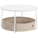 Ronde Salontafel Met Opbergmand – Moderne Bijzettafel Ø75 cm – Woonkamertafel Met Stoffen Mand 57.7L – Metalen Frame En Spaanplaat Tafelblad – Mat Wit En Kameelbruin – Opslagtafel Met U-Poten En Tijdloos Design