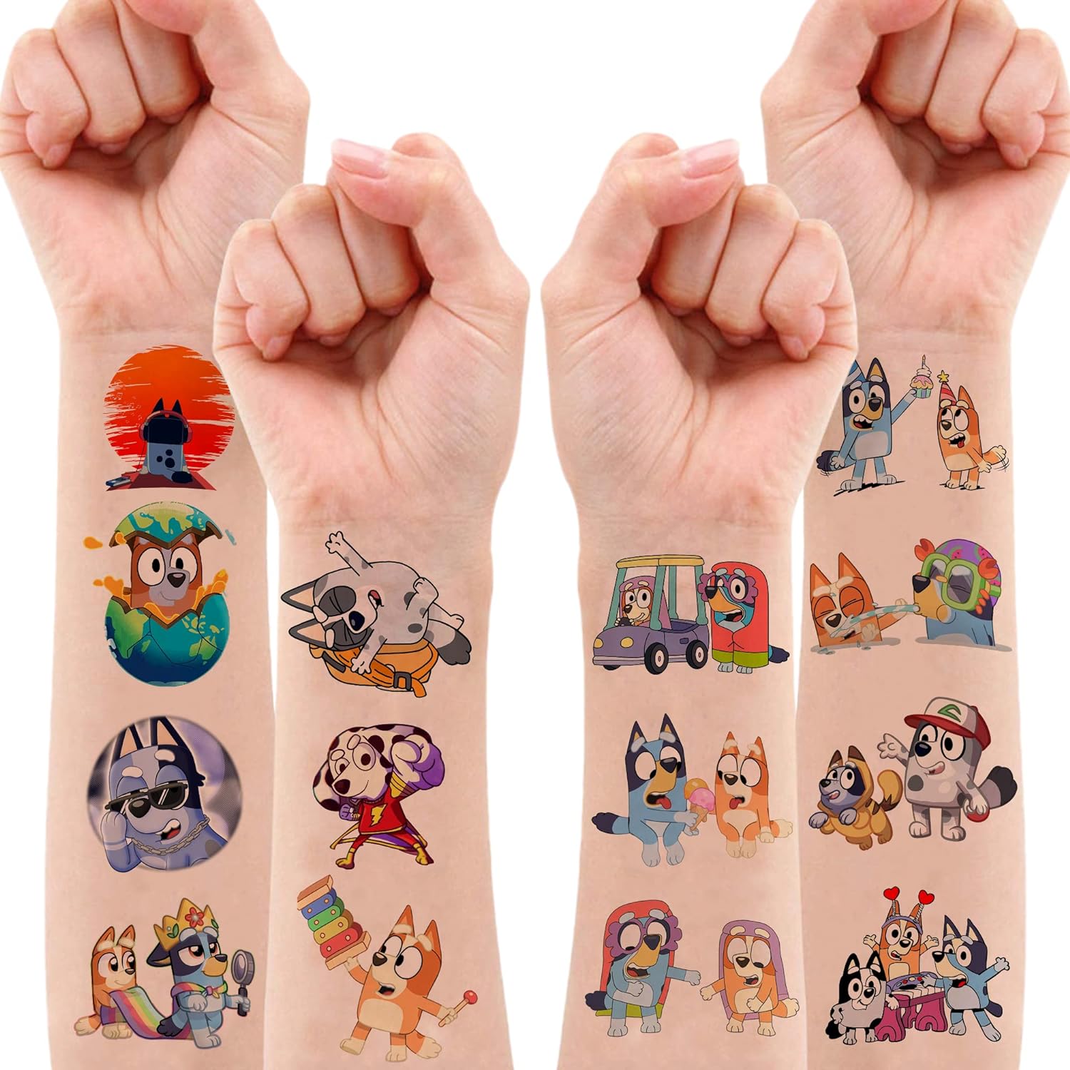Bluey Themafeest Tijdelijke Tattoos - 8 Vellen, 96 Stuks Cartoonstijl Tattoos voor Kinderen - Veilig en Leuk voor Verjaardagen, Schoolbeloningen en Feestdecoratie