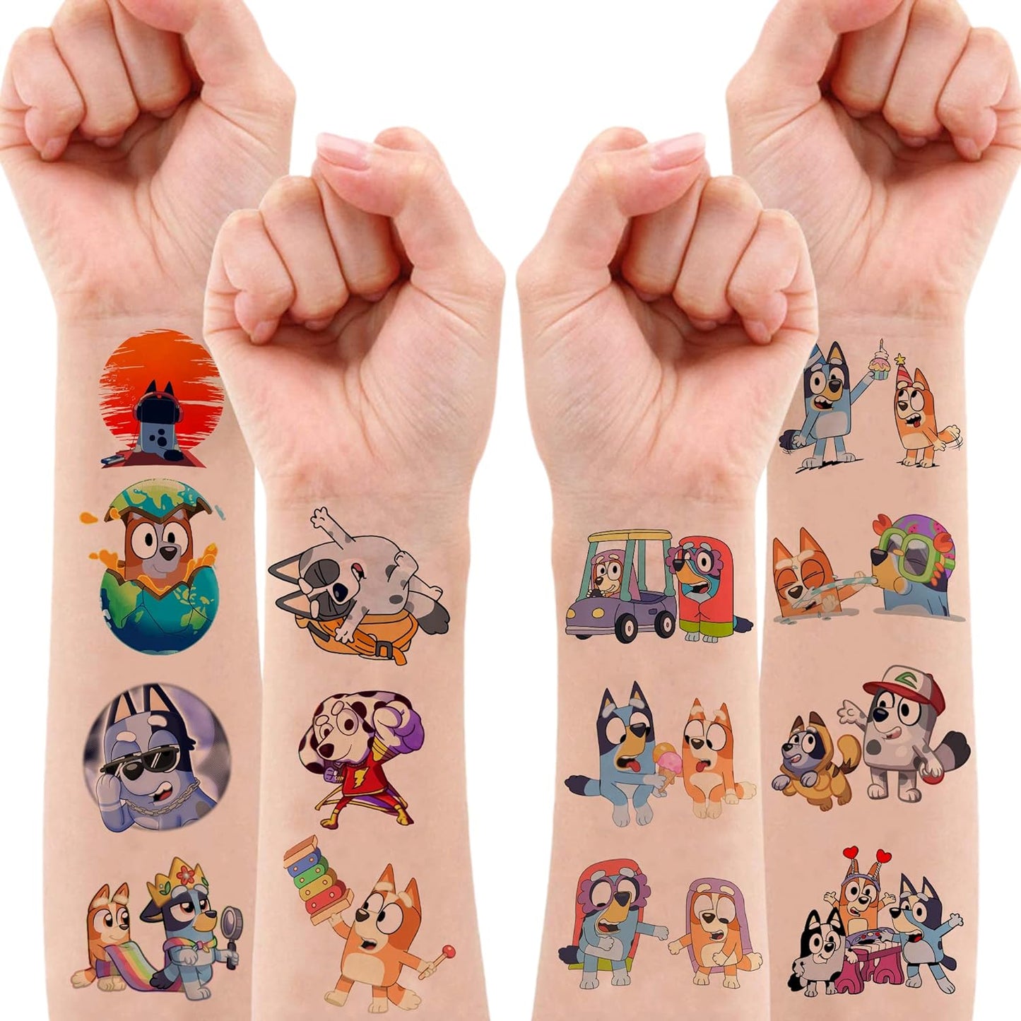 Bluey Themafeest Tijdelijke Tattoos - 8 Vellen, 96 Stuks Cartoonstijl Tattoos voor Kinderen - Veilig en Leuk voor Verjaardagen, Schoolbeloningen en Feestdecoratie
