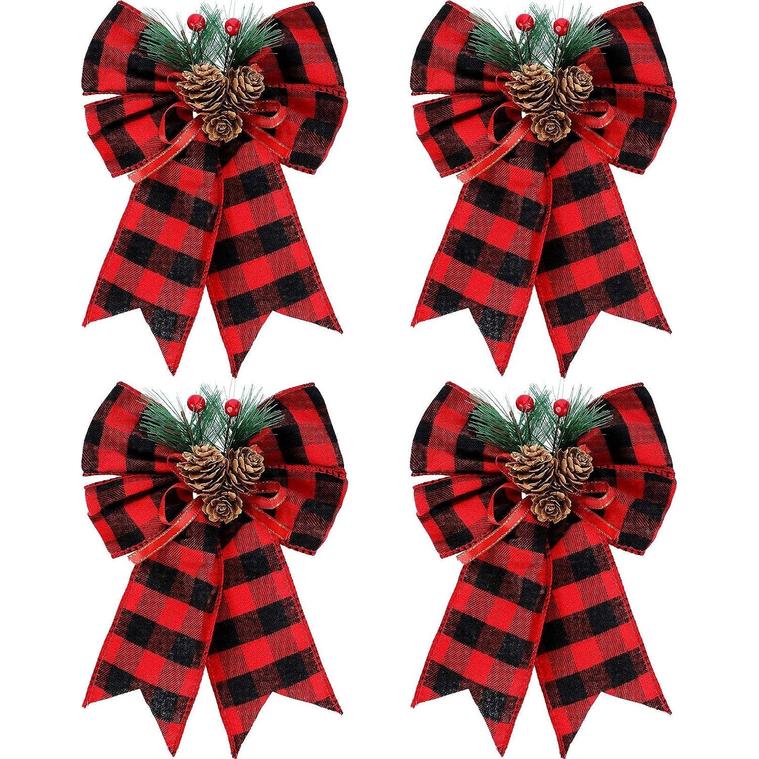 4 Stuks - Kerst Strikken Buffalo Plaid met Denneappels - Binnen- en Buitenversiering - Kerstboom Decoratie - Zwart en Rood -4 Stuks