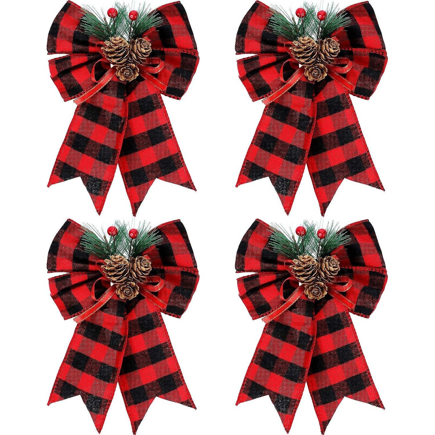 4 Stuks - Kerst Strikken Buffalo Plaid met Denneappels - Binnen- en Buitenversiering - Kerstboom Decoratie - Zwart en Rood -4 Stuks