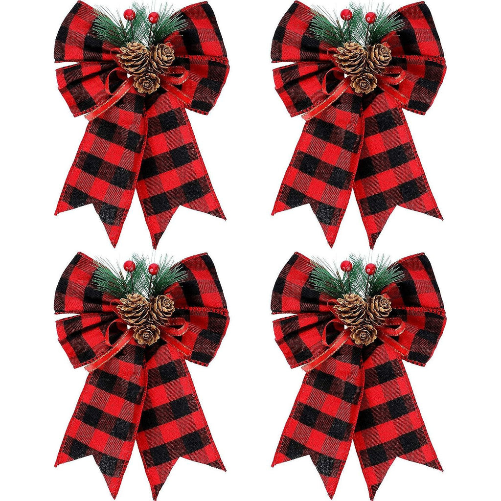 Kerst Strikken Buffalo Plaid met Denneappels - Binnen- en Buitenversiering - Kerstboom Decoratie - Zwart en Rood -4 Stuks