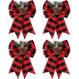 4 Stuks - Kerst Strikken Buffalo Plaid met Denneappels - Binnen- en Buitenversiering - Kerstboom Decoratie - Zwart en Rood -4 Stuks