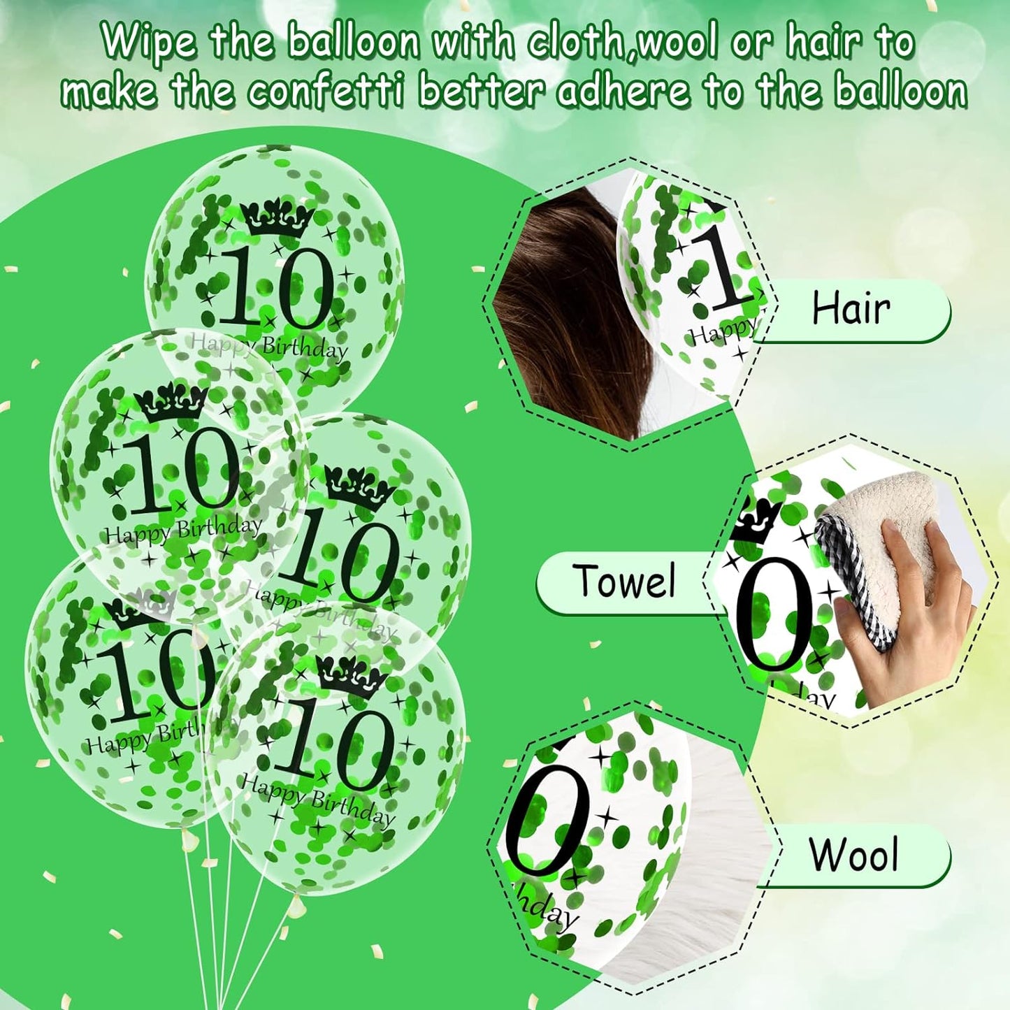 10e Verjaardagsballonnen Set voor Kinderen - 18 Stuks Tiende Birthday in Levendig Groen, Zwart & Confetti - 30cm - Perfect voor Binnen- & Buitenfeestjes