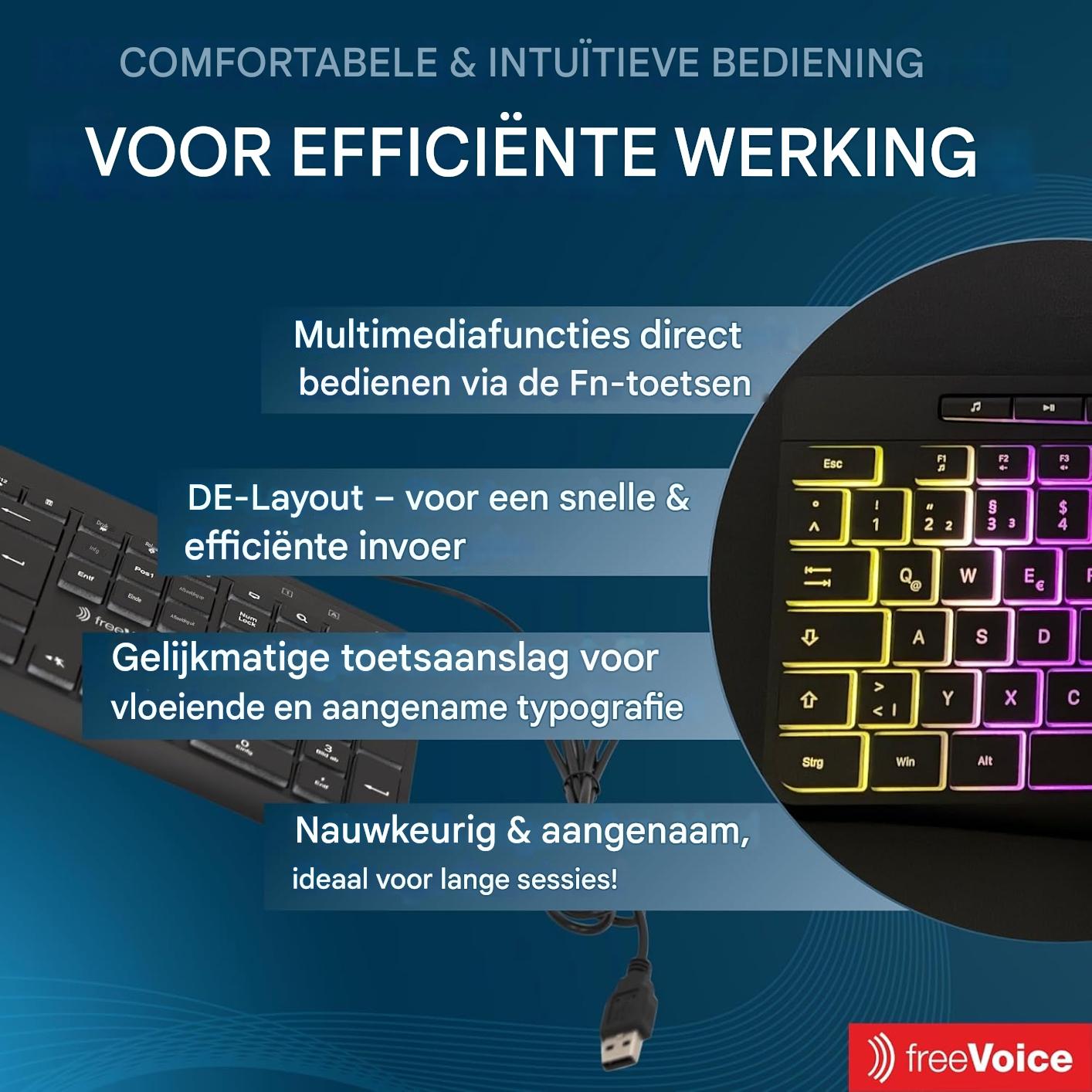 freeVoice toetsenbord met kabel – RGB verlicht USB-A keyboard – QWERTY pc toetsenbord – compacte bedrade computer keyboard – plug and play toetsenbord – verlichte toetsen – geschikt voor laptop en desktop – 442 x 200 x 29 mm