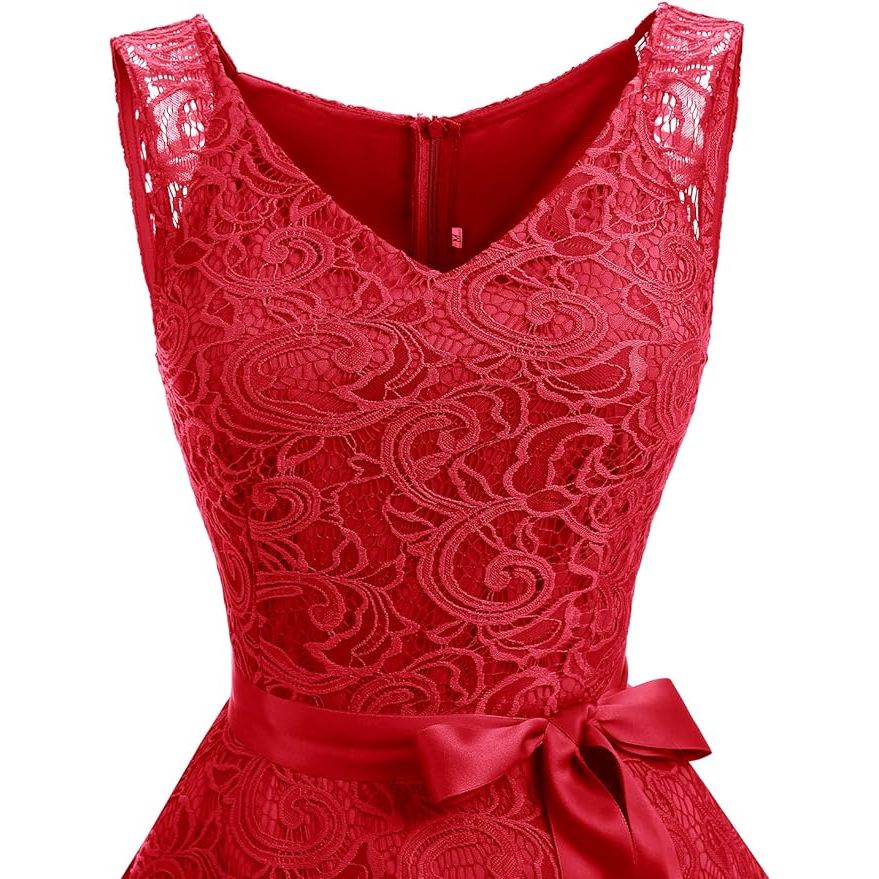 Korte Cocktailjurk met Kant – V-Hals – Mouwloos – Knie-lengte – A-Lijn Feestjurk met Afneembare Tailleband – Zachte & Rekbare Stoffen – Voor Feest, Bruiloft, Gala, Date of Club – Elegant & Comfortabel