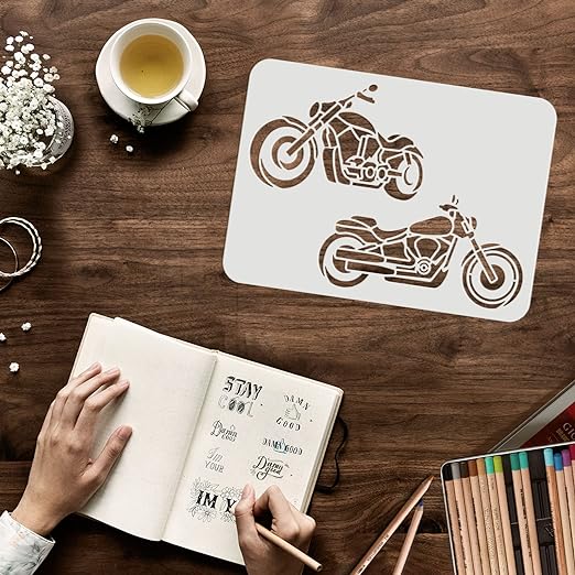 Motorfiets Sjablonen van FINGERINSPIRE: 29.7 x 21 cm, 2 Herbruikbare en Wasbare Auto Patronen voor Voertuigen en Muurdecoratie - Ideaal voor Tekenen, Verven en Huisversiering met Milieuvriendelijk PET Materiaal
