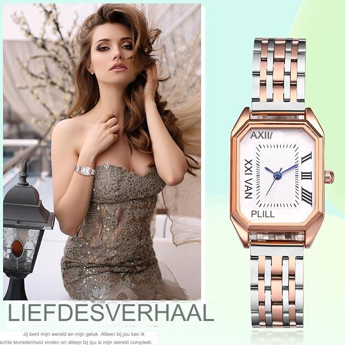 1-Stuks Klassiek Vrouwen Vierkant Horloge: Roestvrijstalen Armband Band Analoge Quartz Romeins Nummer Wijzerplaat voor Dame Zilver Roségouden Tint