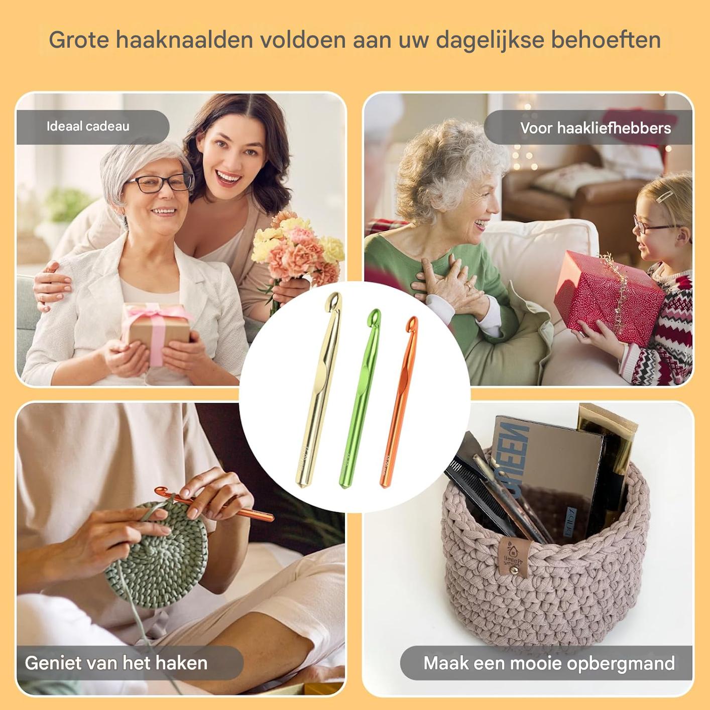 Grote Haaknaalden Set – 3-Delige Aluminium Haaknaalden – 10mm, 12mm, 15mm – Ergonomisch Ontwerp – Voor Dikke Wol en Grove Haakprojecten – Anti-Slip Grip – Ideaal Voor Artritis Handen – Beginners en Ervaren Haakliefhebbers