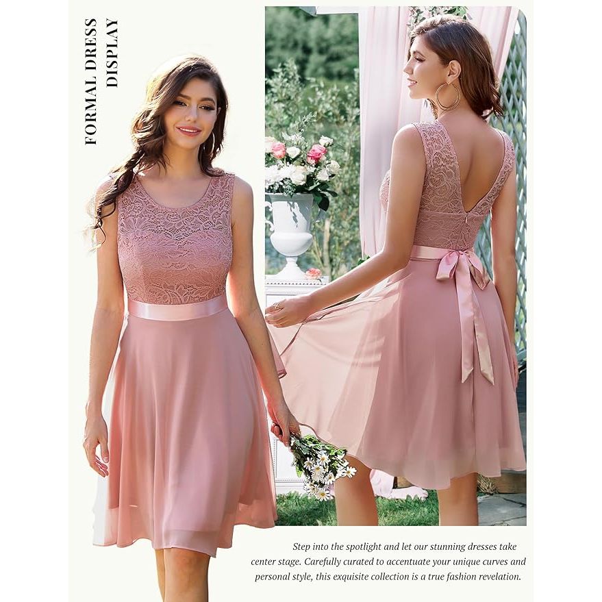 Elegante Damesjurk Van Kant En Chiffon – BeryLove Cocktailjurk Tot Op De Knie – Mouwloze Bridesmaid Dress Met V-Hals En Strikceintuur – Voor Feest, Bruiloft, Diner Of Avond – Luchtig, Zacht En Ademend – Transparant Kant Op Rug En Schouders