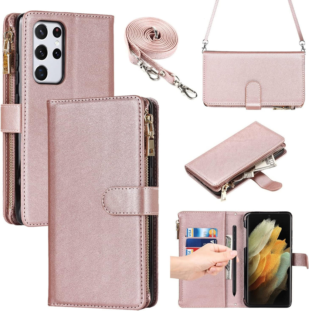 Portemonnee Hoes voor Samsung Galaxy S21 Ultra met Kaarthouder, Houderfunctie PU Lederen Hoes met Verstelbare Crossbody Lanyard Magnetische Sluiting Ritssluiting Zakje Flip Cover (Roségoud) - Handige Functionaliteit en Stijlvol Design in één Accessoire