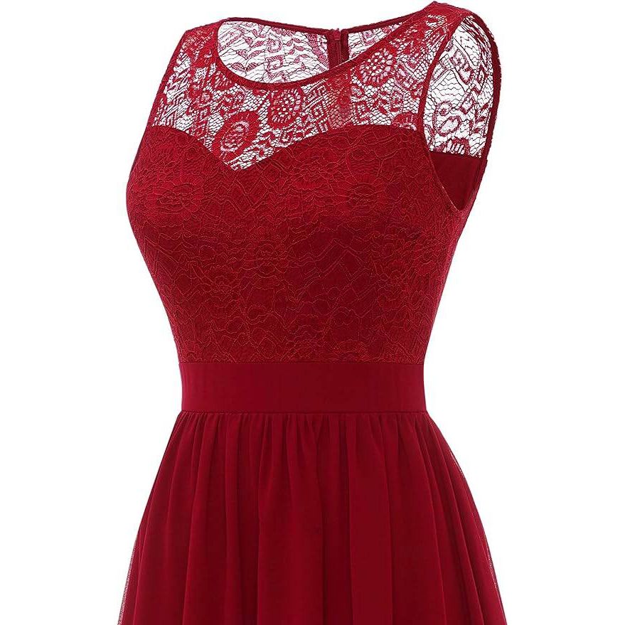 Lange Avondjurk Voor Dames – Maxi Cocktailjurk Met Kant En Chiffon – Elegante Jurk Met Licht Transparante Ronde Hals – Voor Bruiloft, Feest, Gala, Prom Of Ceremonie – Effen Kleur – Vrouwelijk En Verfijnd