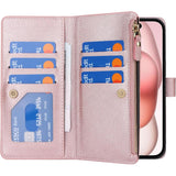 iPhone 15 Hoesje Met Lanyard - iPhone 15 Case - Flip Wallet Lederen Hoes - 9 Kaartsleuven - Dubbele Magnetische Sluiting - Beschermende Cover Voor iPhone 15 - Roségoud - Shockproof TPU Beschermhoes