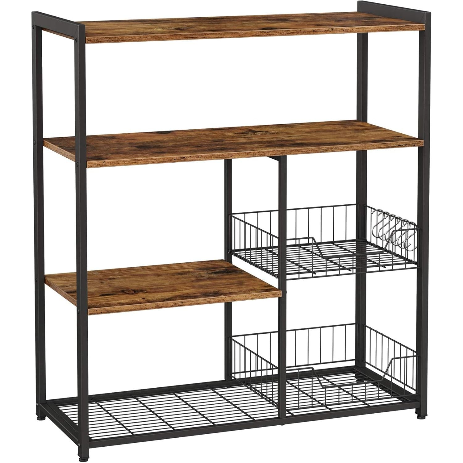 Industriële Keukenrek Met 2 Metalen Mandjes – VASAGLE Vrijstaand Bakkerijrek 80 x 35 x 95 cm – Keuken Organizer Met Haken En Opbergrekken – Microwave Rek In Vintage Donkerbruin En Zwart – Met Verstelbare Poten En IJzeren Frame