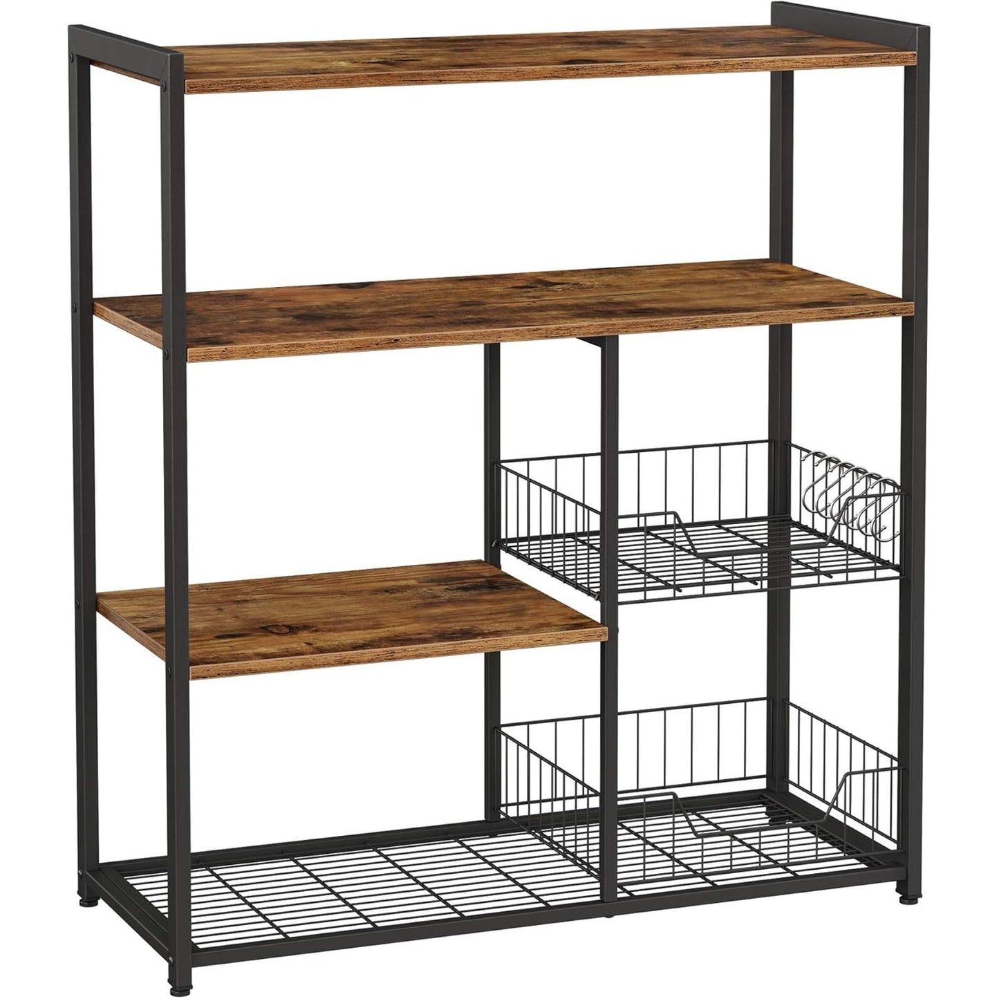 Industriële Keukenrek Met 2 Metalen Mandjes – VASAGLE Vrijstaand Bakkerijrek 80 x 35 x 95 cm – Keuken Organizer Met Haken En Opbergrekken – Microwave Rek In Vintage Donkerbruin En Zwart – Met Verstelbare Poten En IJzeren Frame