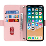 Veelzijdige portemonnee voor iPhone Xs/iPhone X hoesje met verstelbare nekband - Creditcardhouder - 5.8" - PU lederen handtas portemonnee - Staande spiegel make-up hoesje met houder - Voor mannen vrouwen meisjes - Roze