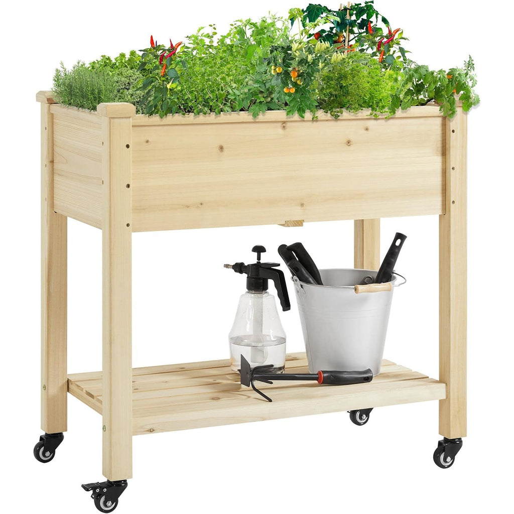 Yaheetech Verhoogde Tuinbak Op Wielen – 2-Tier Houten Plantenbak Met Open Plank En Non-Woven Binnenvoering – Voor Bloemen, Groenten, Kruiden – Met Drainagegat En Versterkte Zijkanten – 87x47x83,5 cm – Natuurlijk Vurenhout