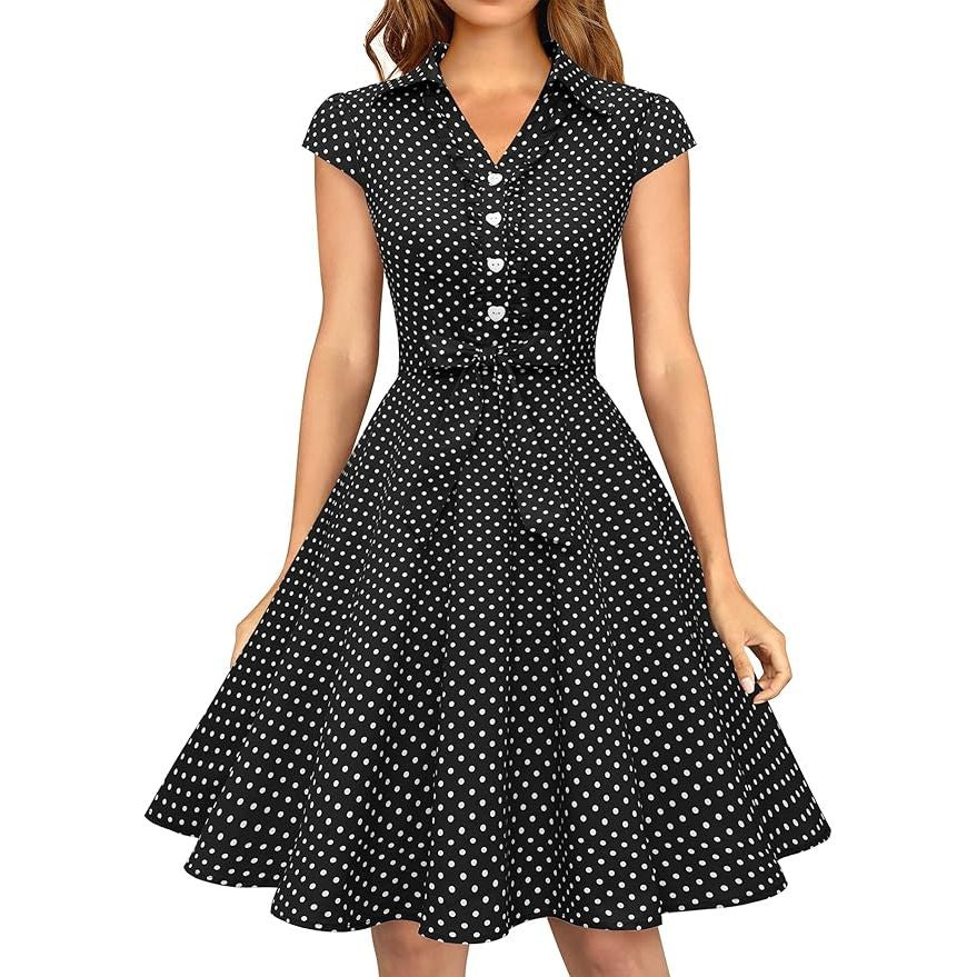 Dames 1950s Retro Swing Jurk – Vintage Rockabilly Stijl – Met Capmouwtjes, V-Hals, Verwijderbare Riem – Elegante A-Lijn Cocktailjurk – Perfect Voor Feestjes, Bruiloften en Formele Gelegenheden - Zwart