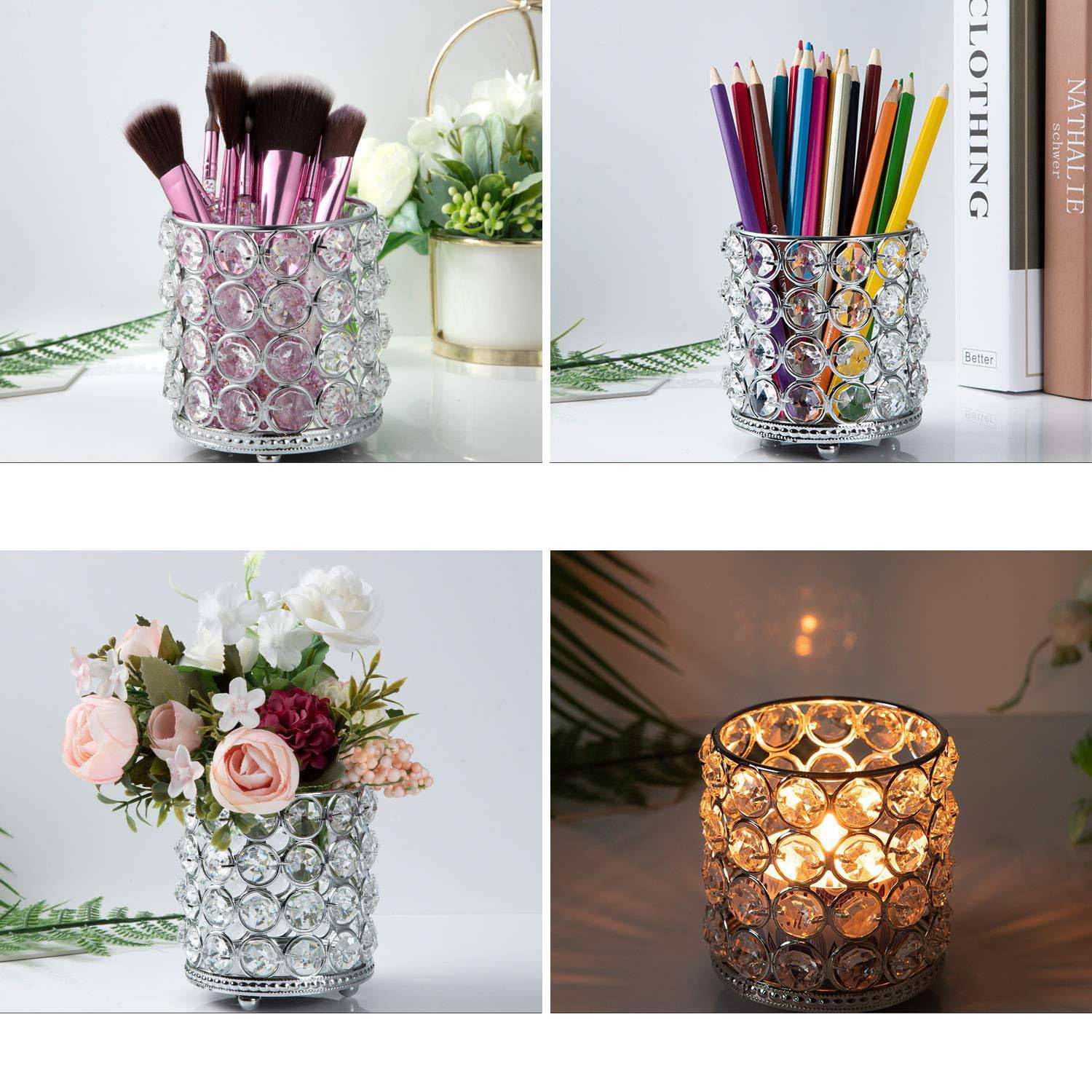 Retro Glazen Make-up Organizer - Elegant en Multifunctioneel - Kristallen Kaarshouder - Luxe Tafeldecoratie voor Bruiloften en Thuis - Zilver
