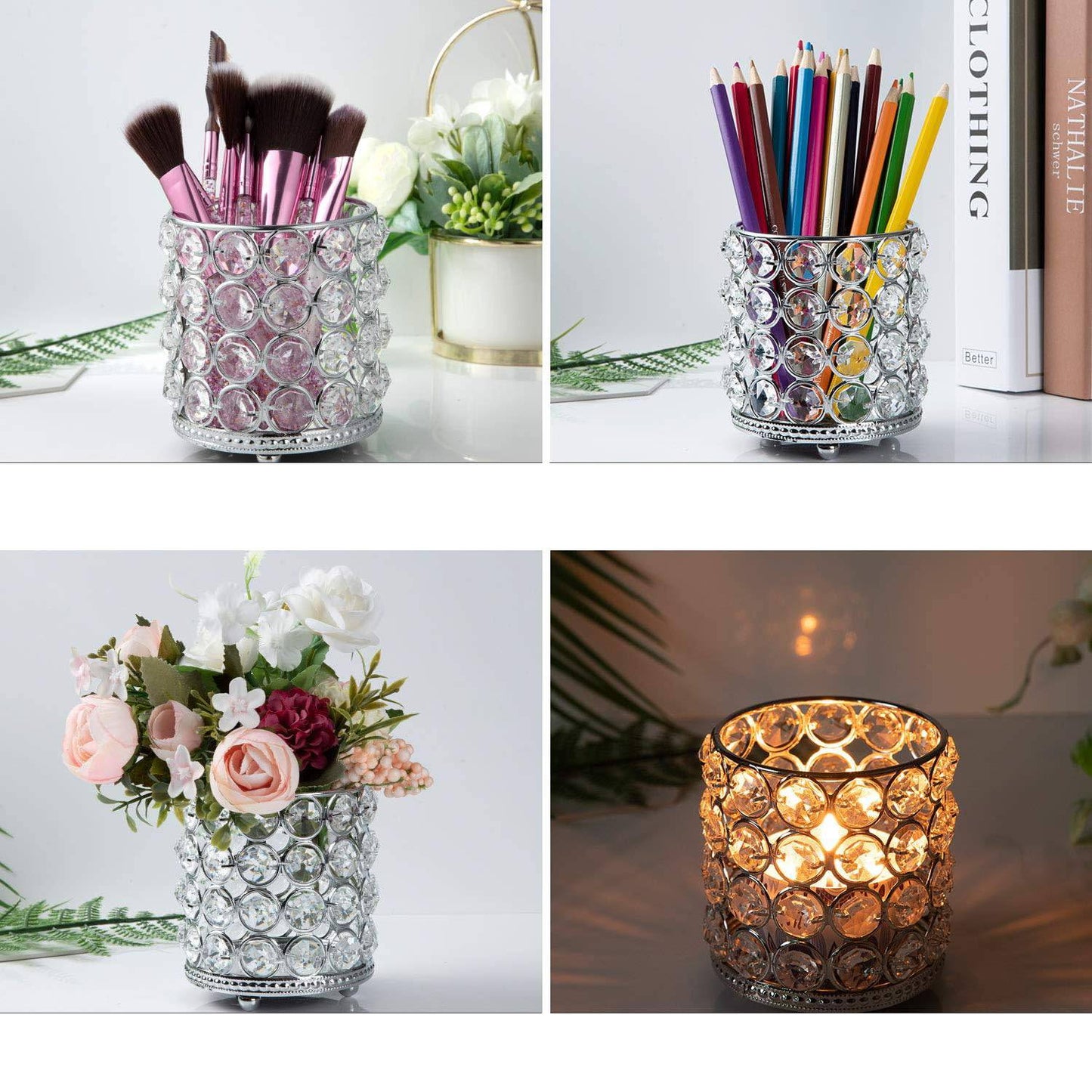 Retro Glazen Make-up Organizer - Elegant en Multifunctioneel - Kristallen Kaarshouder - Luxe Tafeldecoratie voor Bruiloften en Thuis - Zilver