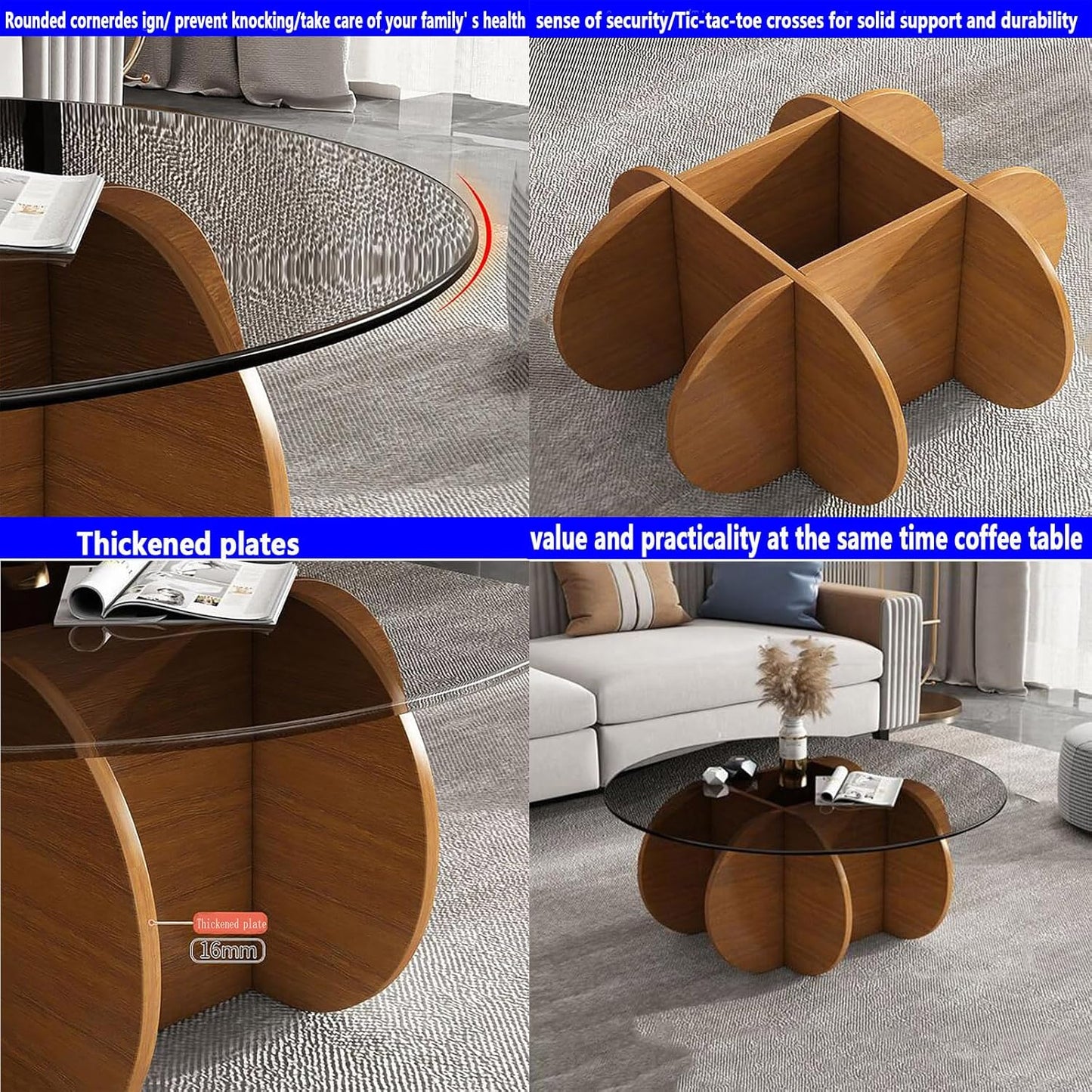 Ronde Salontafel met Glazen Blad en Massief Houten Onderstel - Ø 80 × 40 cm – Moderne Centrale Tafel voor Woonkamer of Terras – Bijzettafel van Gehard Glas