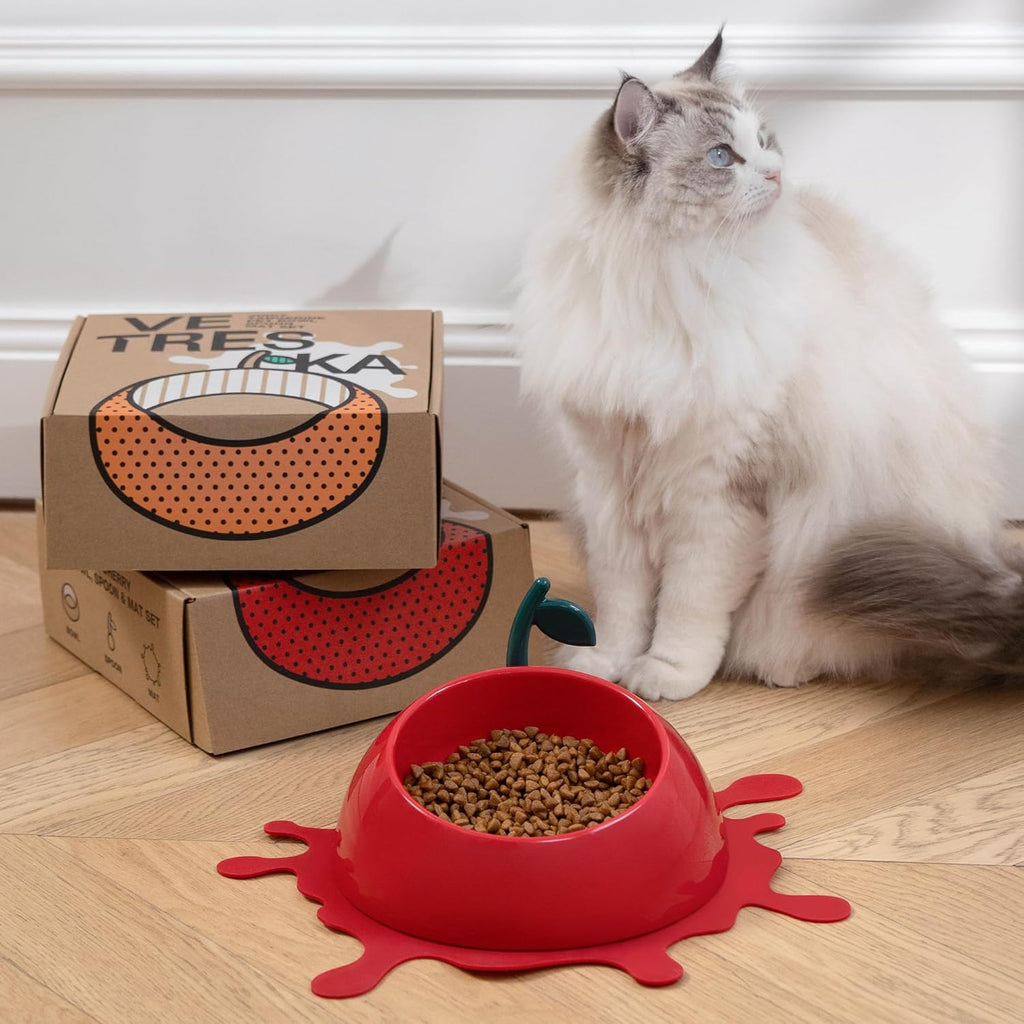 Katten/ Honden Voerbak Voor Eten En Drinken - Gekantelde Kattenvoederbak Anti-Snor Vermoeidheid - Brede Ondiepe Kattenvoerbak Anti-Kots Niet-Slip Voor Kleine Middelgrote Honden Katten Konijnen - Juicy Cherry Ontwerp - ABS Materiaal