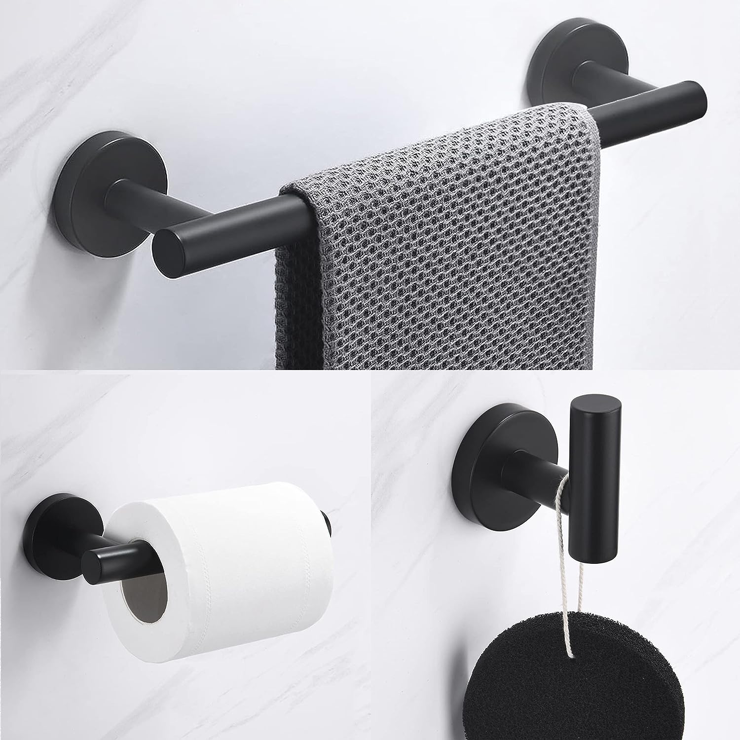 3 Delige - RVS Badkamerset - Wandmontage - Inclusief - Handdoekhouder / Toiletrolhouder / Robehaken - Duurzaam & Roestvrij - Badkameraccessoires Kit - Zwart