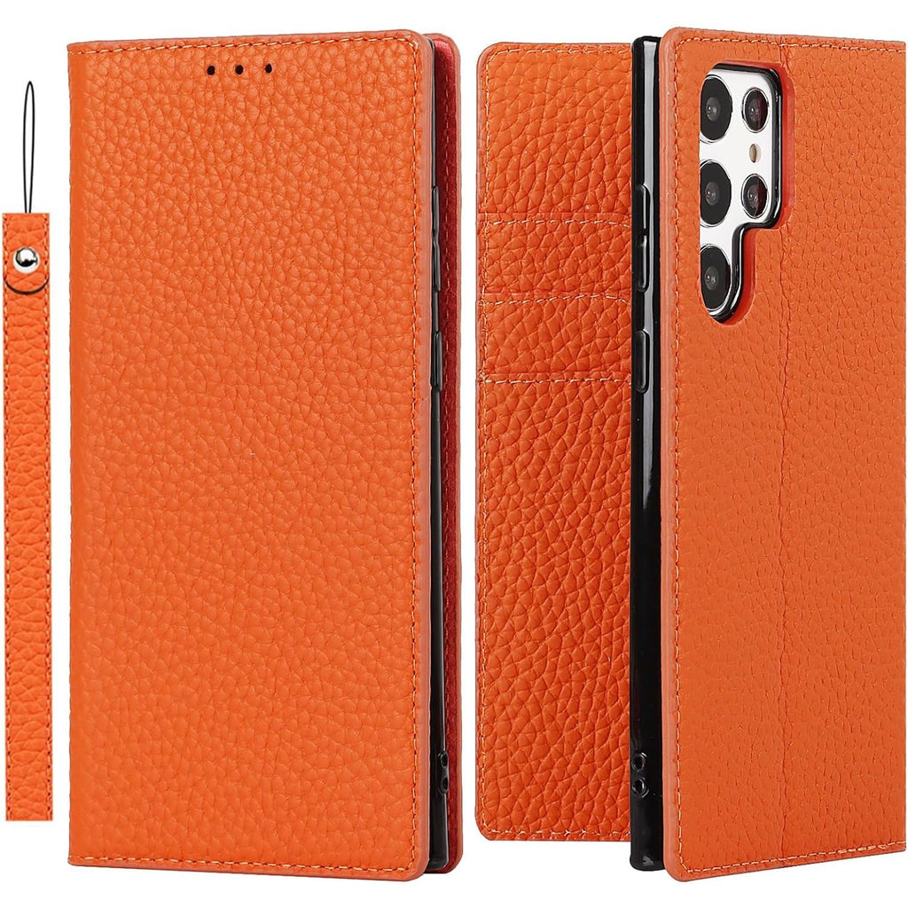 Hoesje voor Samsung Galaxy S22 Ultra - Echt Lederen Flip Cover met Kaartsleuf - Beschermende Leren Case voor Galaxy S22 Ultra 5G - Oranje - Luxe en Duurzaam - Magnetische Sluiting - Volledige Bescherming - Stijlvolle en Functionele Telefoonhoes