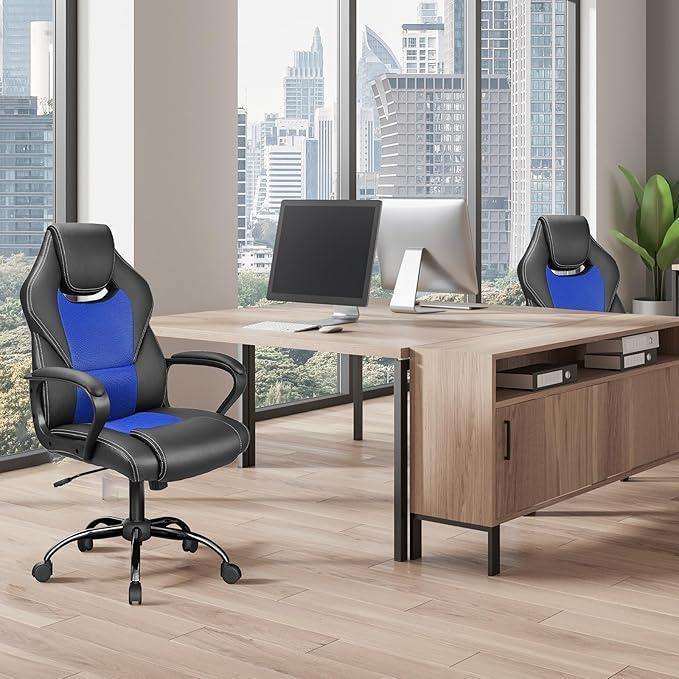 Ergonomische Gaming Stoel - Bureaustoel met Hoofdsteun en Armleuningen - Racingstoel voor Kantoor en Thuis - Verstelbare Rugleuning en Zithoogte - Comfortabele en Stabiele Computerstoel - Bureaustoel - Zwart en Blauw