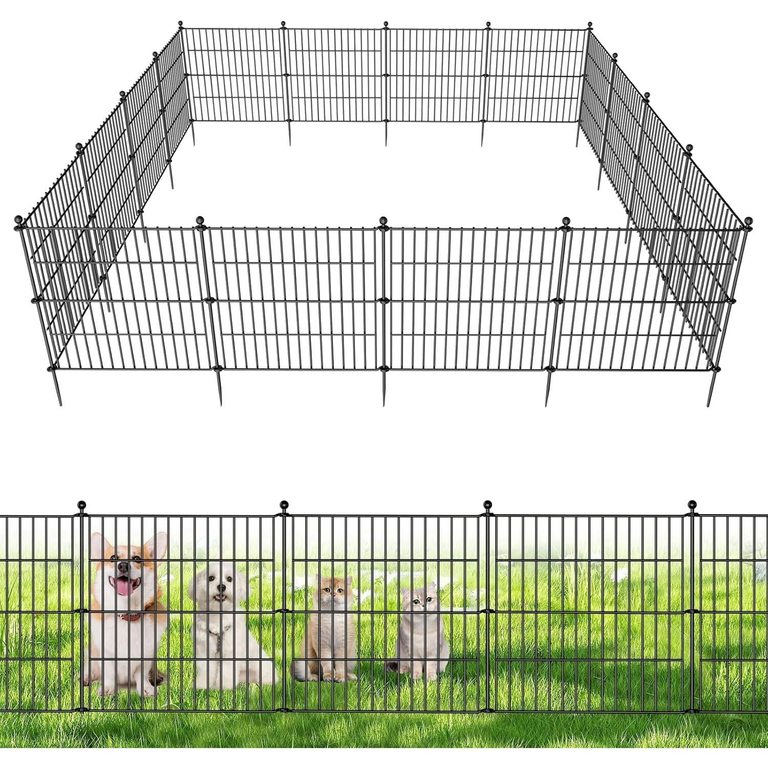 10 Panelen – Decoratief Metalen Tuinhek Zonder Graven – 61 cm Hoog x 6,1 m Lang – Smeedijzeren Tuinafsluiting met Grondpennen – Roestbestendige Dierenafscheiding voor Honden en Konijnen – Tijdelijke Tuinrand en Patio Omheining Zwart