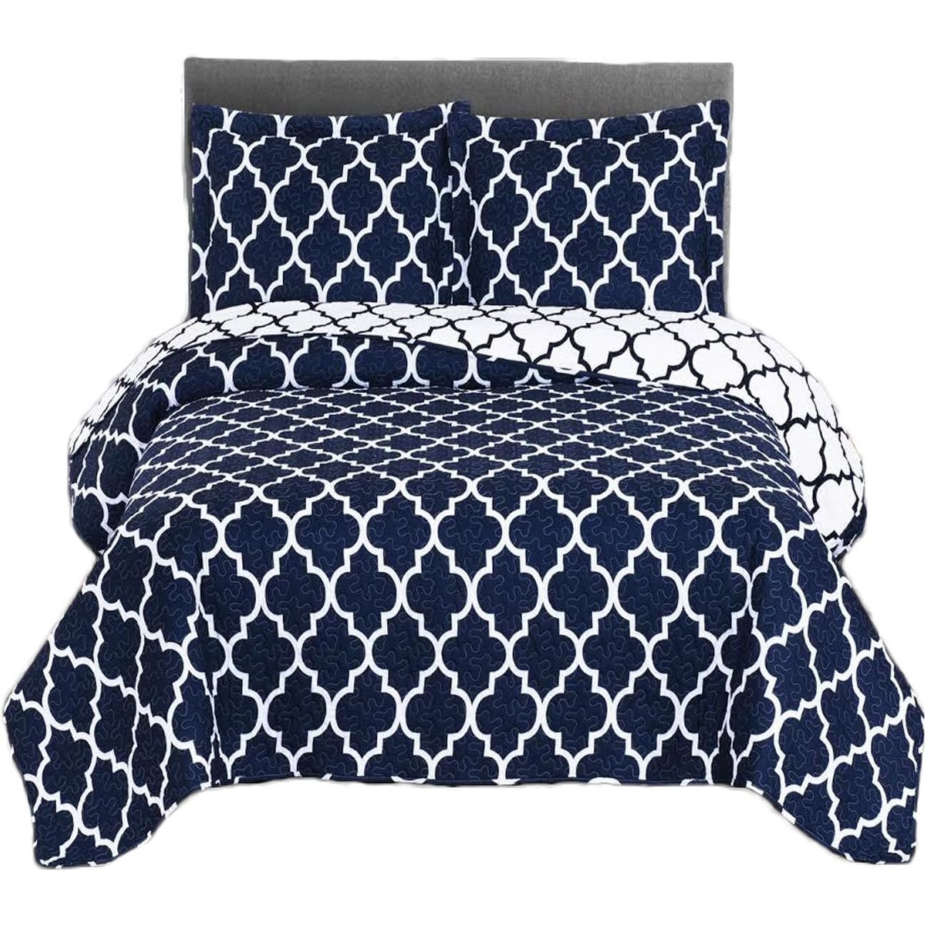 Dubbelzijdig Meridian Gedrukte Microvezel Quilt Set - Inclusief 2 Kussenslopen - Geometrische Bed Sprei  - Lappendeken – 220cm Breed x 240cm Lang - Marineblauw met Wit
