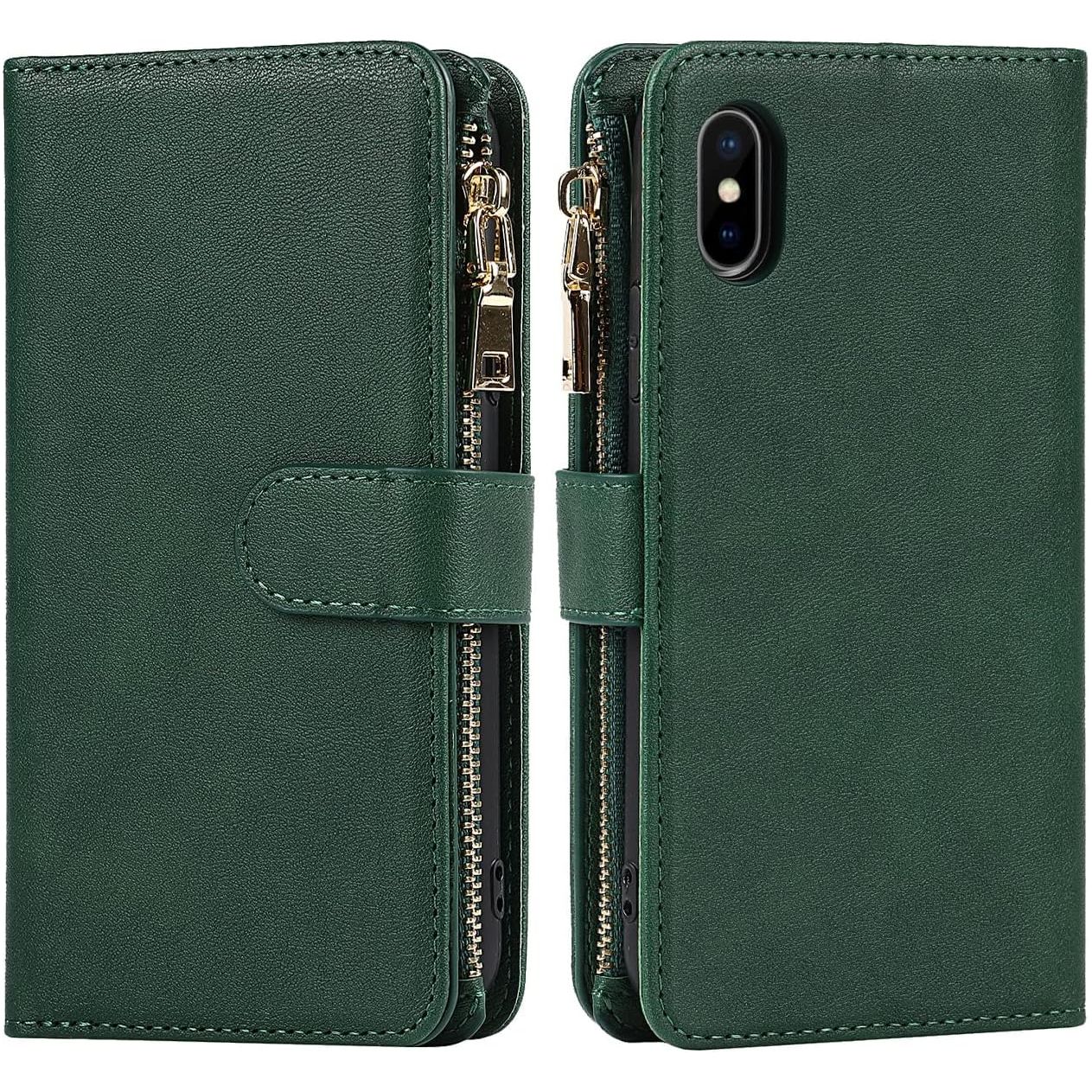 Praktisch Mobiel Hoesje met Strap voor iPhone X/XS - Multifunctionele Flip Leren Portemonnee Case - Beschermende Cover met [9 Kaartvakken] en Magnetische Sluiting - Donker Design - Handige Telefoonketting Accessoire voor Stijlvolle Bescherming