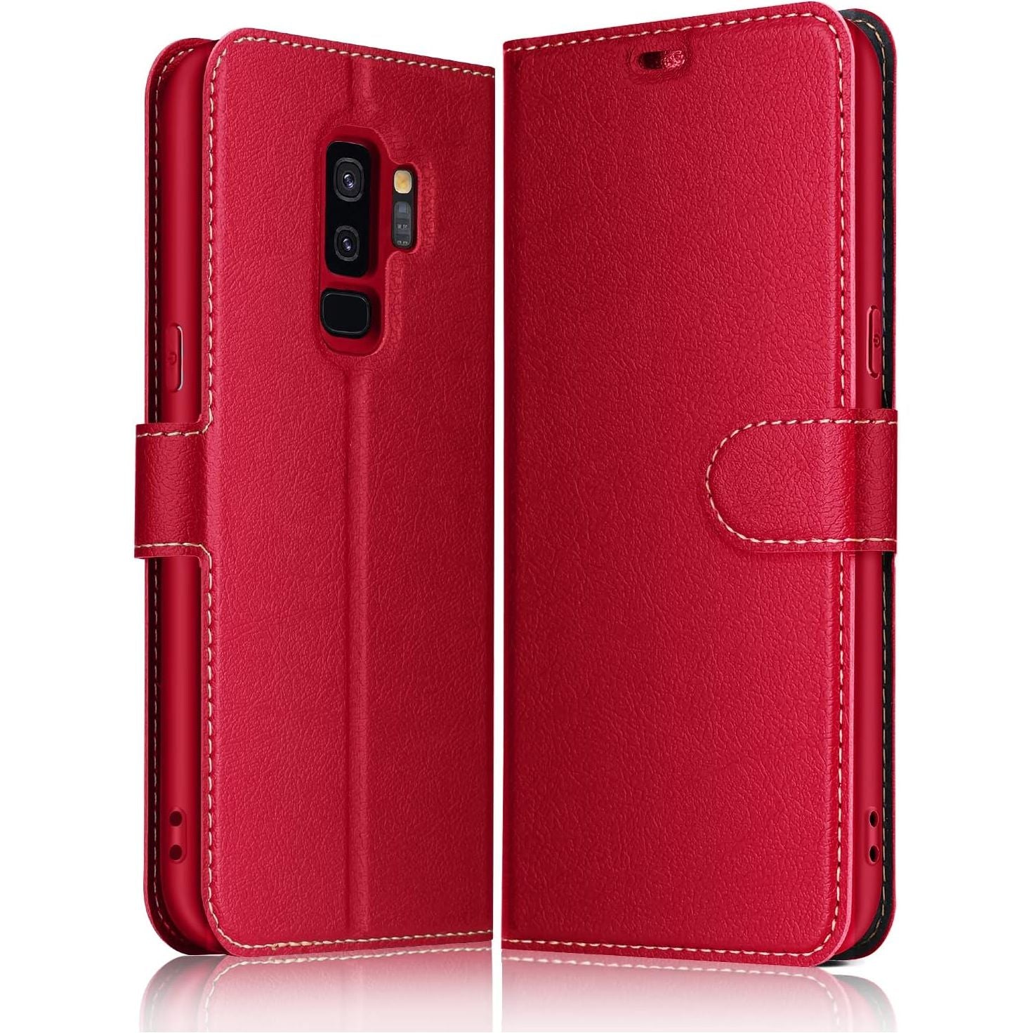 1-Stuks Hoesje voor Samsung Galaxy S9 Plus, Luxe Lederen Vouwbare Portemonnee Beschermhoes Telefoonhoesje met [Magnetische Sluiting, Kaartsleuf, Standfunctie] voor Samsung Galaxy S9 Plus (Rood)