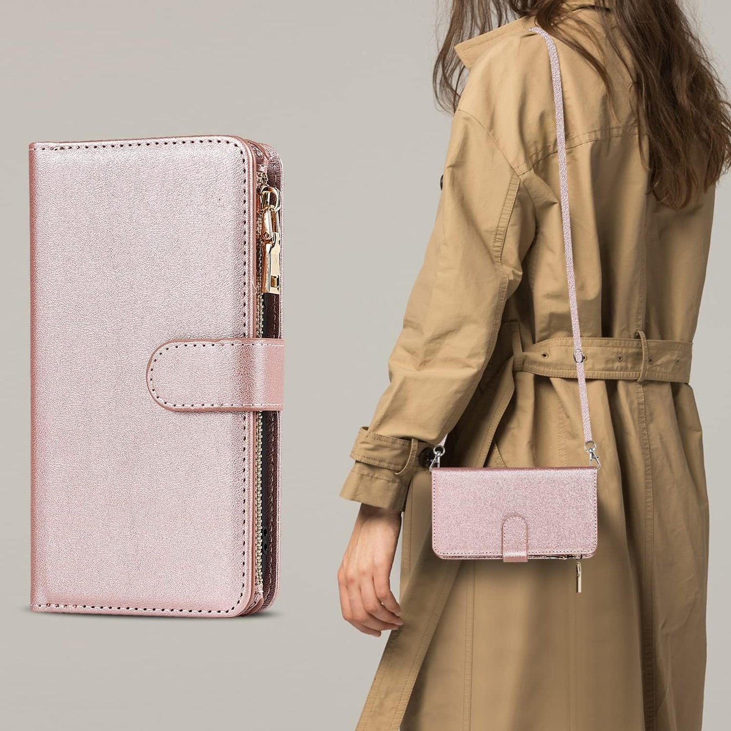 Portemonnee Hoes voor Samsung Galaxy S21 Ultra met Kaarthouder, Houderfunctie PU Lederen Hoes met Verstelbare Crossbody Lanyard Magnetische Sluiting Ritssluiting Zakje Flip Cover (Roségoud) - Handige Functionaliteit en Stijlvol Design in één Accessoire