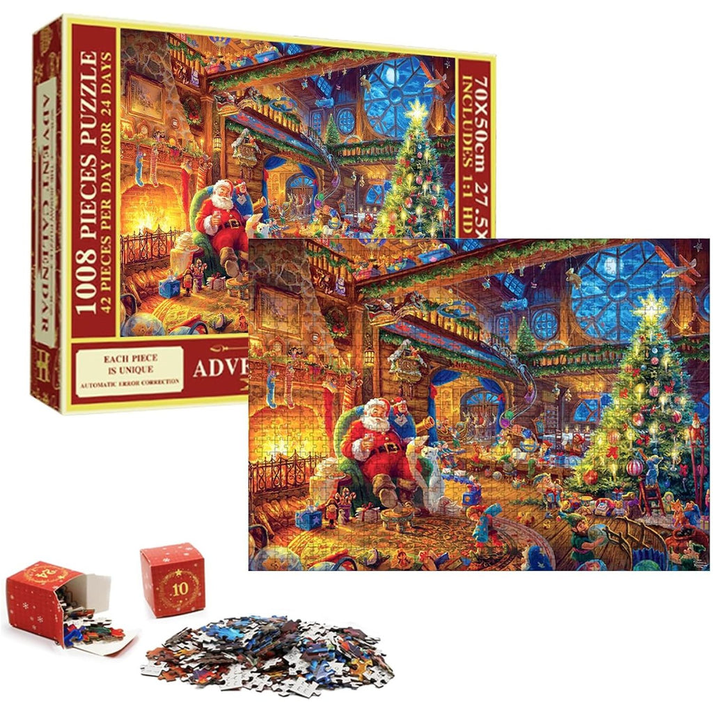 Kerst Adventskalender Puzzel - 1008 Stukjes - Jigsaw Puzzel Set - 24 Dagen Aftelkalender - Grote Puzzel 70x50 cm - Familie Speelgoed - Inclusief Poster en Genummerde Dozen