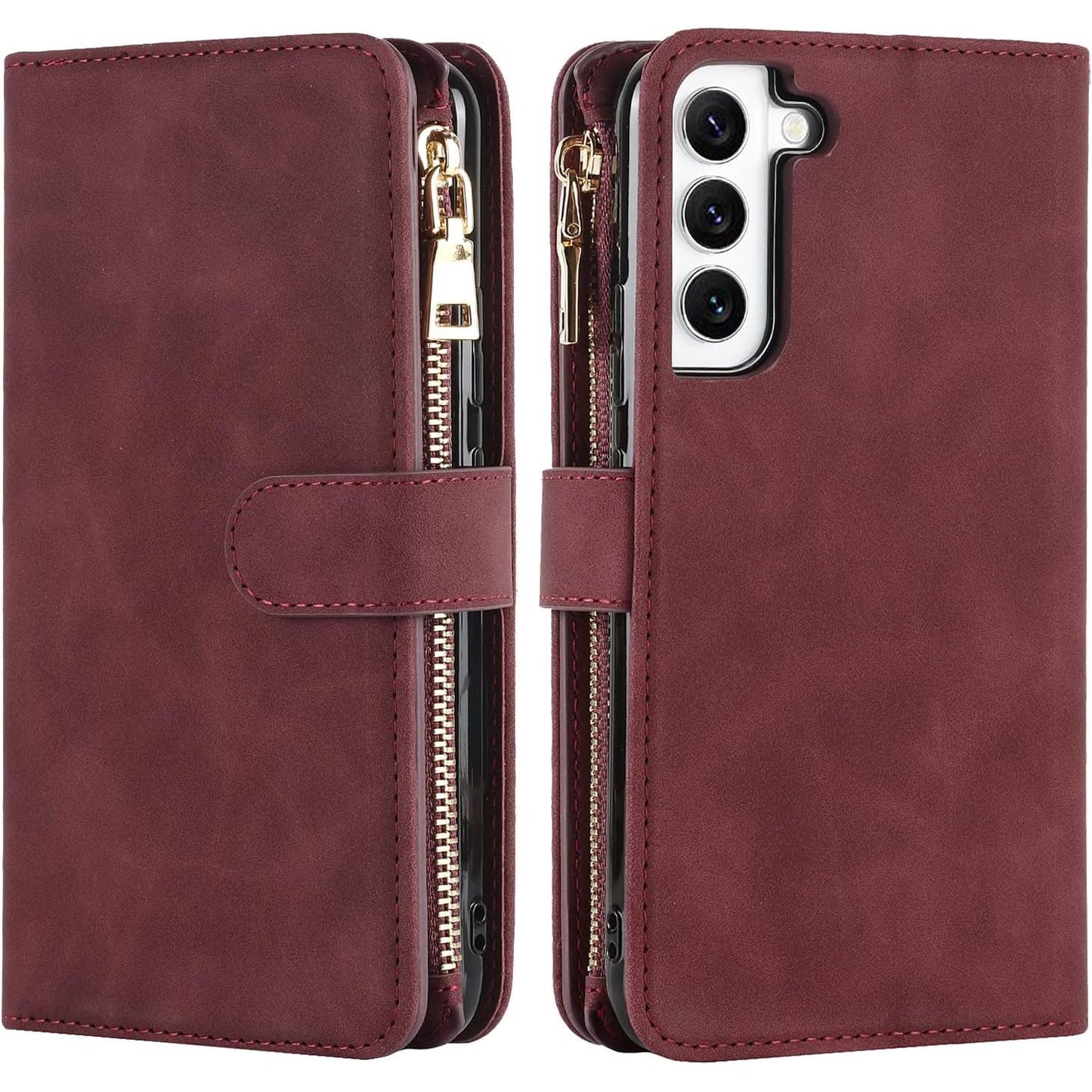 Beschermend Mobiel Hoesje met Riem voor Samsung S22 Plus - Flip Lederen Portemonnee Telefoonhoes - 9 Kaartsleuven - Magnetische Sluiting - Beschermende Flip Case voor Samsung Galaxy S22 Plus - Rood Design - Stijlvolle Telefoonketting Accessoire