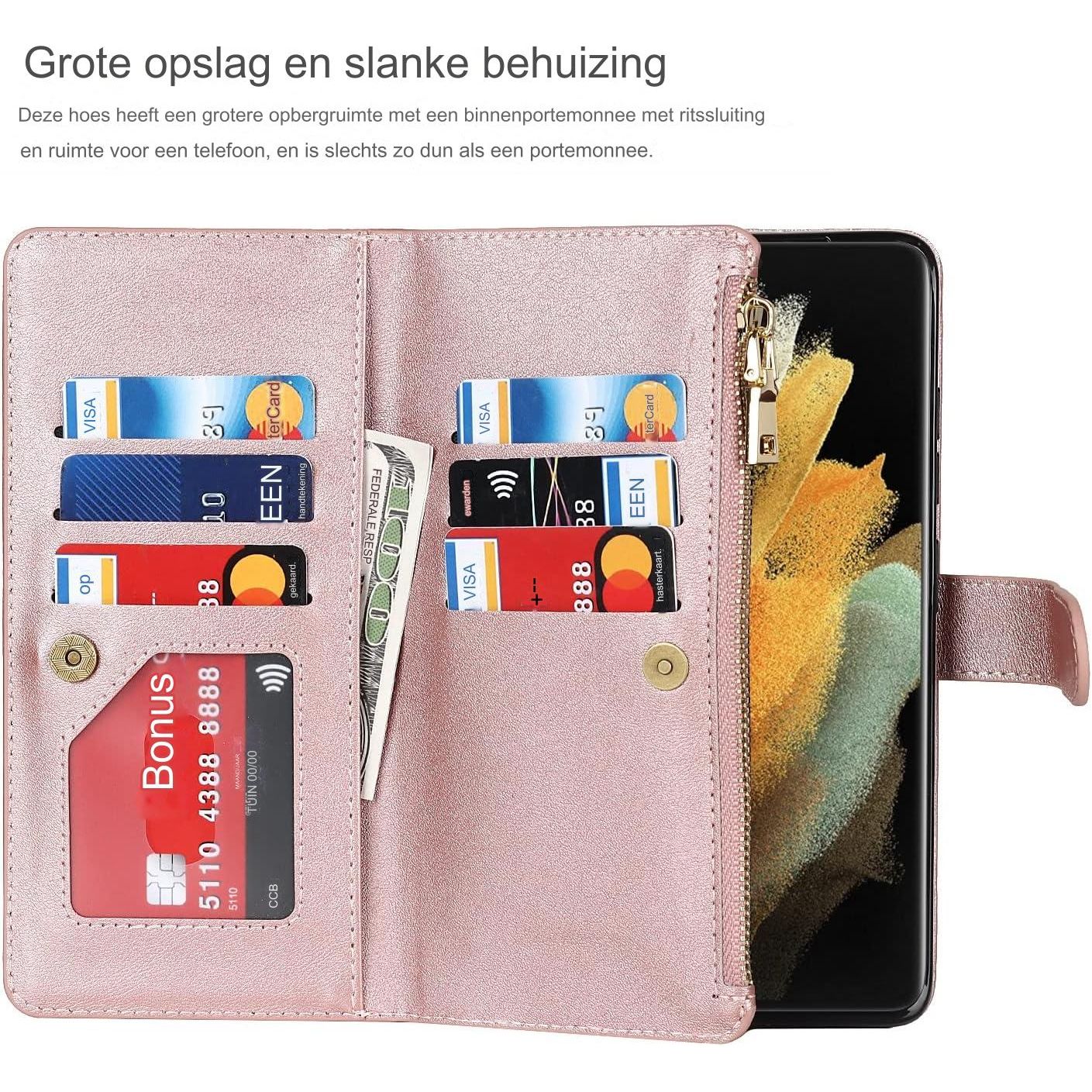 Portemonnee Hoes voor Samsung Galaxy S21 Ultra met Kaarthouder, Houderfunctie PU Lederen Hoes met Verstelbare Crossbody Lanyard Magnetische Sluiting Ritssluiting Zakje Flip Cover (Roségoud) - Handige Functionaliteit en Stijlvol Design in één Accessoire