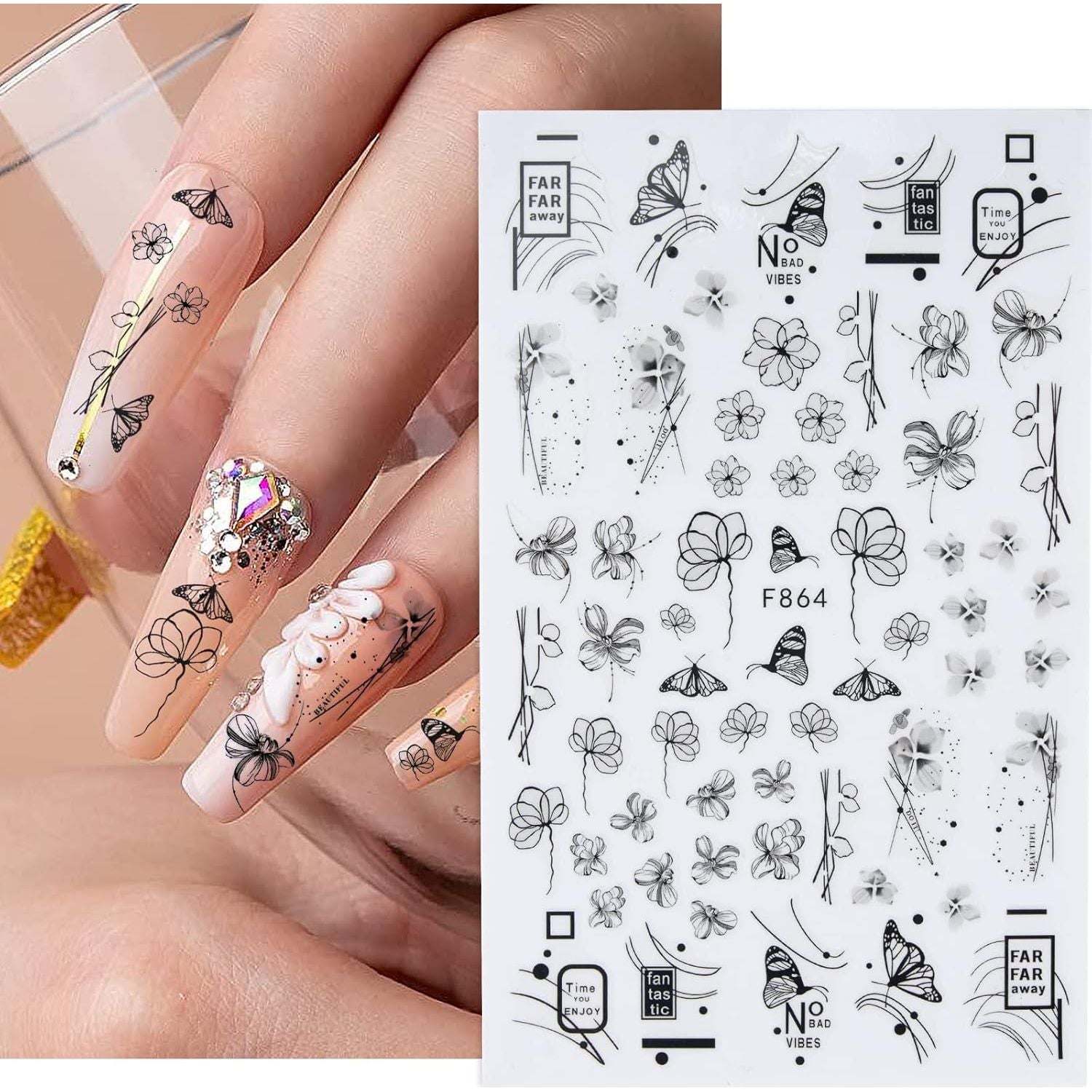 6 Vellen Nagelstickers - Zelfklevende Nail Art Stickers Met Bloemen En Vlinderpatroon - DIY Nagel Decals - Lichtgewicht Waterproof - Elegante Nagelversiering Voor Vrouwen En Meisjes - Botanisch Thema - ChouchouClip Stijl