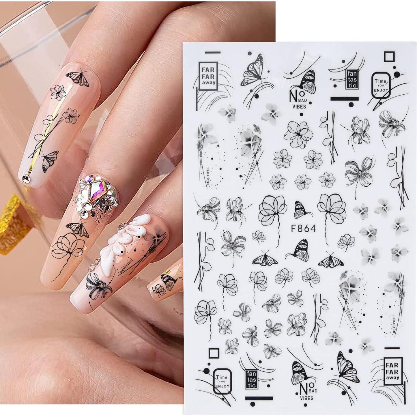 6 Vellen Nagelstickers - Zelfklevende Nail Art Stickers Met Bloemen En Vlinderpatroon - DIY Nagel Decals - Lichtgewicht Waterproof - Elegante Nagelversiering Voor Vrouwen En Meisjes - Botanisch Thema - ChouchouClip Stijl