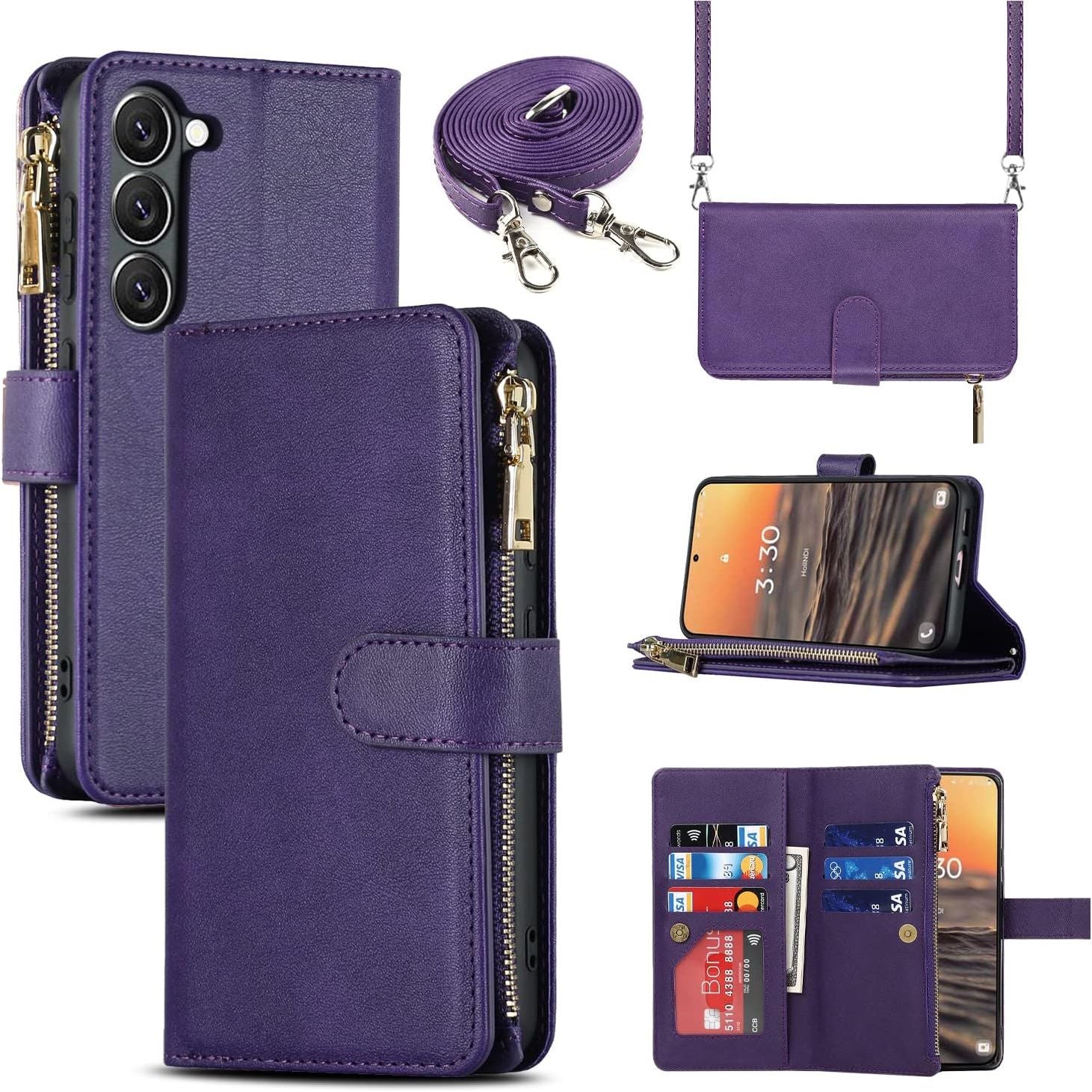 mobiele telefoonketting voor Samsung S23 - hoes met riem - mobiele telefoonhoes voor Samsung S23 - flip lederen portemonnee hoes - 9 kaartsleuven - magnetische sluiting - beschermhoes - flip case - telefoonhoesje voor Samsung S23