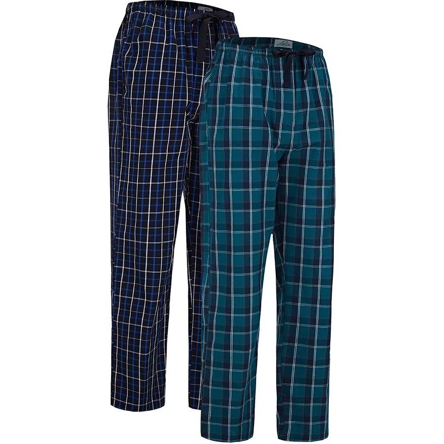 2 Stuks - Heren Pyjamabroeken Set - 100% Katoen - Blauw Geruit en Groen Geruit - Zachte en Ademende Loungebroek - Met Zijzakken - Verstelbare Tailleband - Comfortabele Broeken voor Slapen en Ontspannen