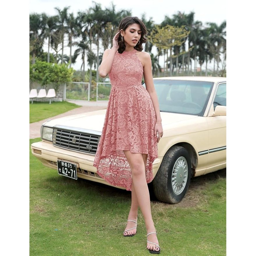 Dames Halter Kantjurk – Hi-Lo Cocktailjurk Voor Feest En Bruiloft – Mouwloze Formele Jurk Met Bloemenkant – Elegante Avondjurk Met Rugrits – Halterjurk Voor Party Date Night Diner Valentijn Galafeest Bridesmaid Outfit - Roze