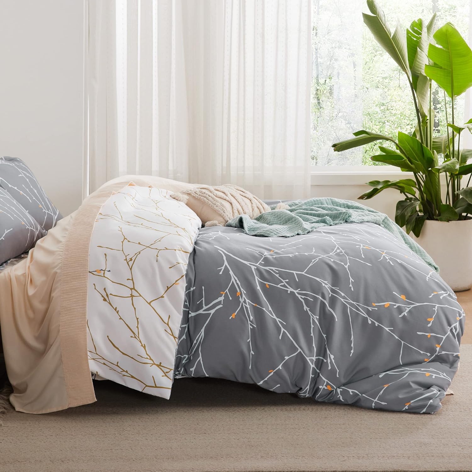 3 Stuks -luxe Bedsure King-Size Dekbedovertrek met Boomtakmotief - Botanische Grijze/Blawe Beddenset met Ritssluiting, Set Inclusief Omkeerbaar Dekbedovertrek 104