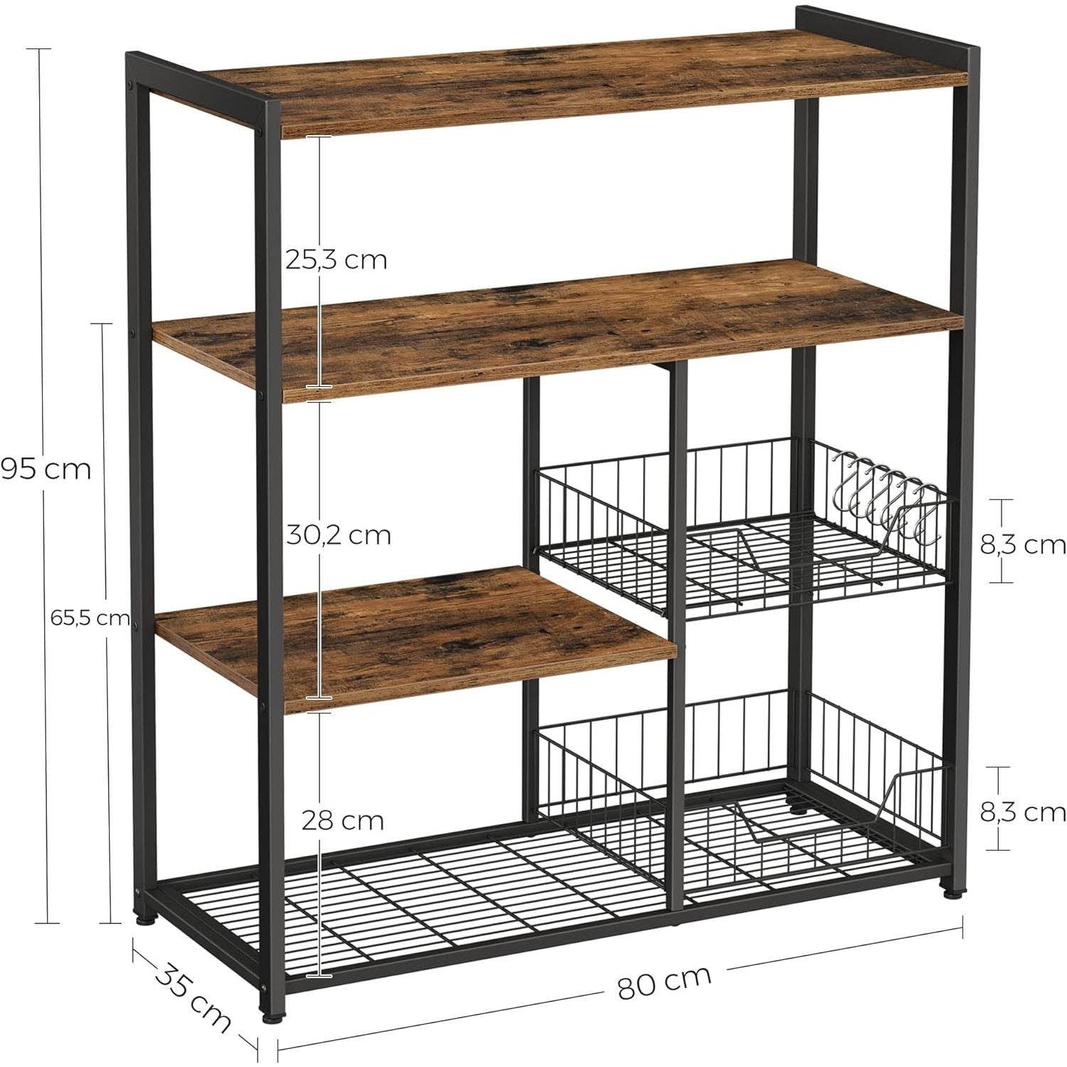 Industriële Keukenrek Met 2 Metalen Mandjes – VASAGLE Vrijstaand Bakkerijrek 80 x 35 x 95 cm – Keuken Organizer Met Haken En Opbergrekken – Microwave Rek In Vintage Donkerbruin En Zwart – Met Verstelbare Poten En IJzeren Frame